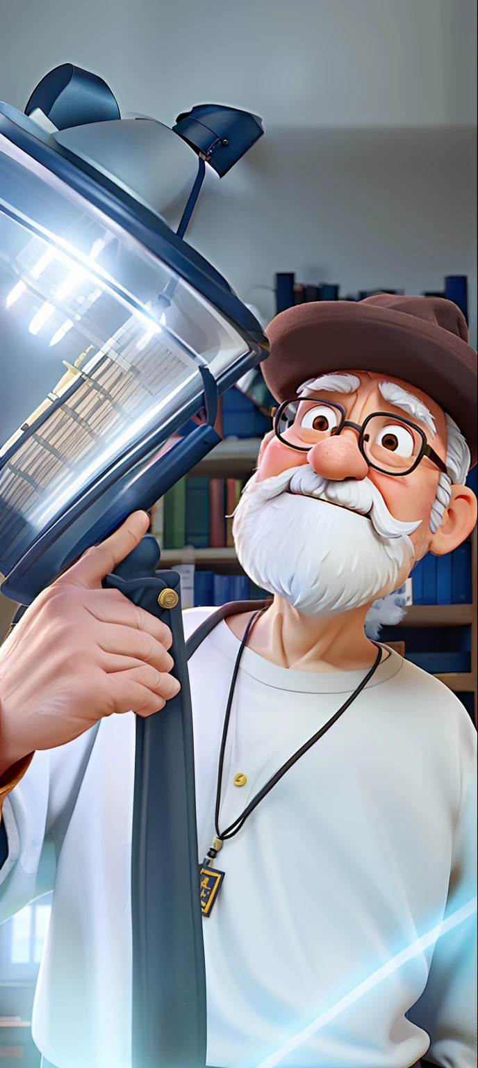 A wise old man standing in front, illuminated by the light of a lamp, against the backdrop of a library