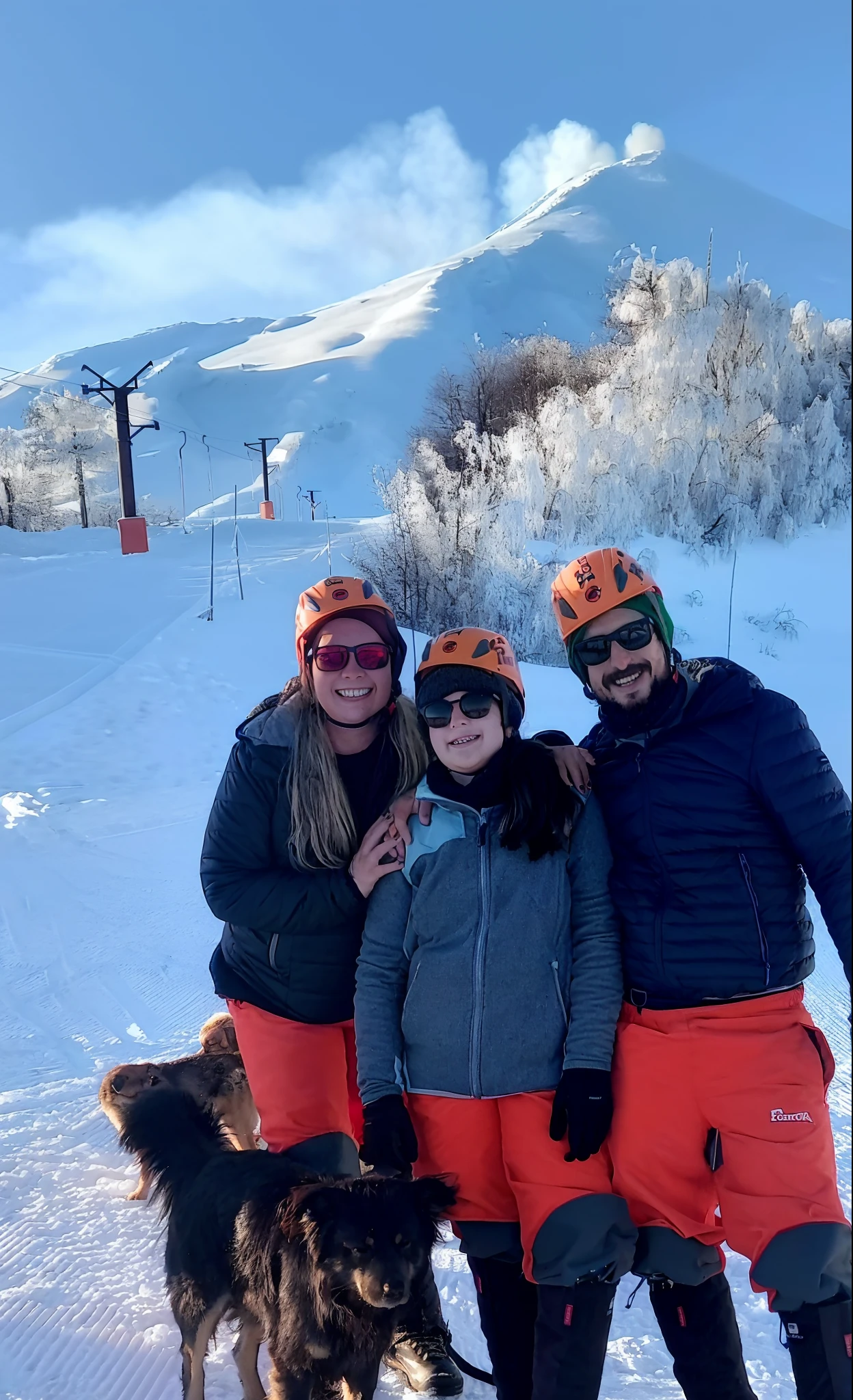 Three people and a dog standing in the snow with skis attached, com montanhas ao fundo, na montanha, apenas neve no fundo, com montanhas no fundo, divertindo-se, Family photo, Divirta-se, Familiar, com montanhas como pano de fundo, esqui, vacation photo, nas montanhas de neve, ski mask, not cropped, imagem de perfil