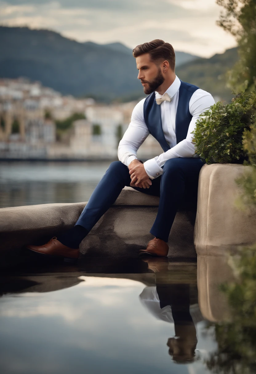 (Homens profissionais em roupas elegantes), (Sem barba,) (olhos azuis) (retrato) Beautiful and serious appearance., Cabelo azul escuro, elegante e elegante, E uma camisa branca forte muito formal., (Imagens realistas e de alta qualidade), ((melhor qualidade, 10, master part).