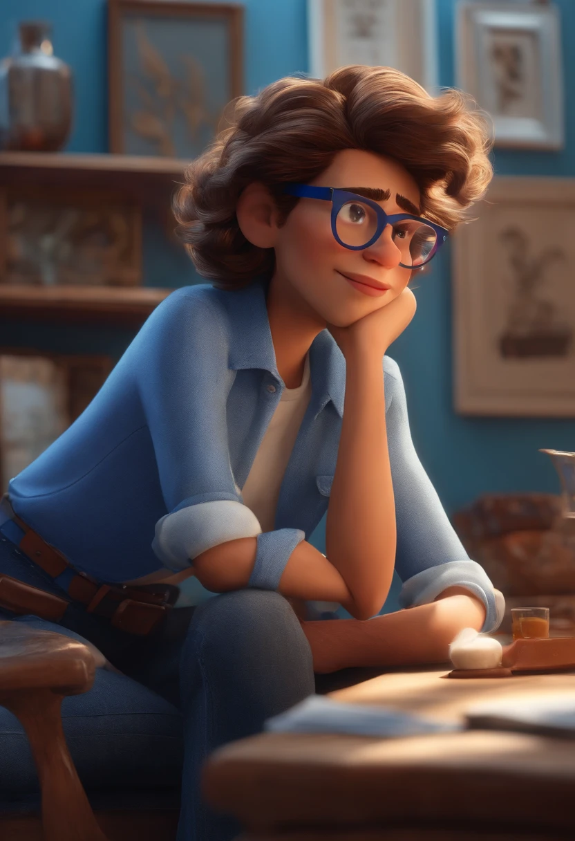 criar no estilo pixar, um homem alto e magro, pele parda, cabelos crespos, com uma camisa azul e uma.lmulher branca sorrindo, straight hair with glasses on the head