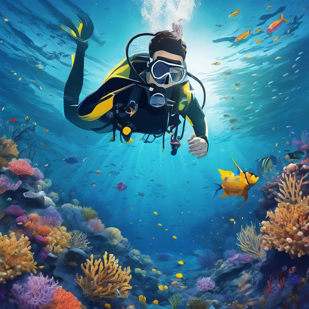 best quality,detailed,close up,scuba diver,ocean,underwater exploration,diving equipment,regulator breathing,mask,fins,wetsuit,deep sea diving,coral reef,marine life,diving adventure,clear water,sparkling waves,sunlight filtering,serene and tranquil,diving experience,underwater beauty,adventure seeker,splendid colors,exquisite details,marine organisms,mysterious depths,reef exploration,fascinating underwater world,diver's perspective,swimming with marine creatures,exploring hidden treasures,underwater tranquility,mesmerizing marine landscape,diver's reflection in water,exploration of the unknown,submerged in nature,oceanic wonders,living in harmony with the sea,fascinating underwater flora and fauna,diving in perfect visibility,crystal clear underwater view,unveiling the secrets of the deep sea