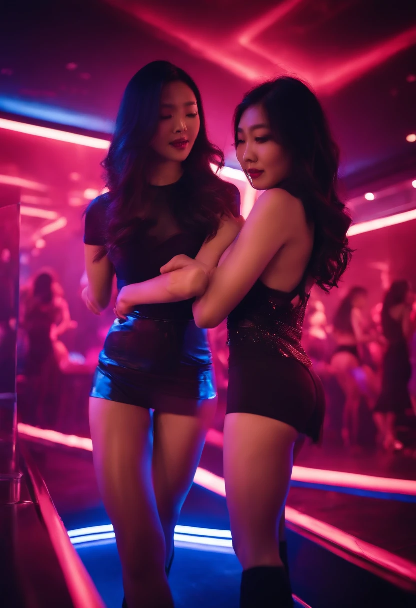 Two sexy athletic Chinese high school girls with a big bubble butts grind dancing twerking intimately erotically physically passionately together at a strip club