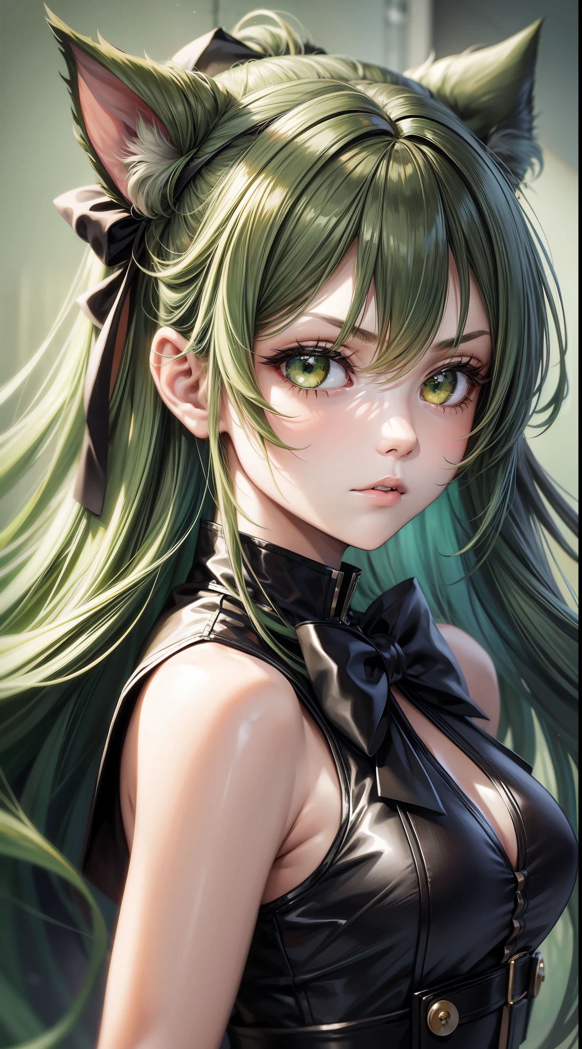 Young girl, long green hair, green eyes, cat ears, sleeveless combat dress, bow, serious look, masterpiece, high quality