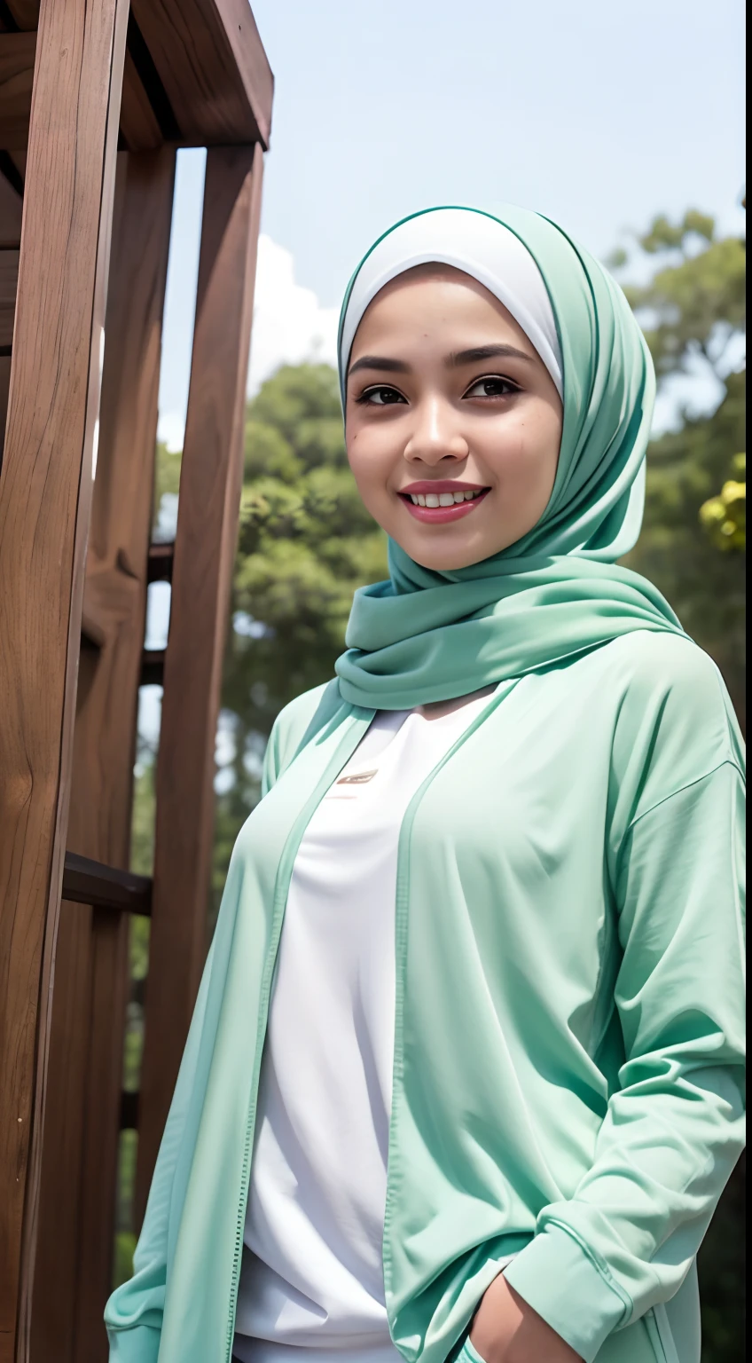 RAW, Best quality, high resolution, masterpiece: 1.3, beautiful Malay woman in hijab, big gorgeous eyes,big breast,fullbody, soft smiling, malay woman in a blue dress and a hijab talking on a cell phone iphone, pastel blue, hijab, blue gray, pale blue, light blue, light-blue, blue soft details, sky blue, light grey blue and golden, wearing a blue hoodie, pastel, tight light blue neopren suitlue, pale-skinned malay girl, beautiful malay woman, blur garden background