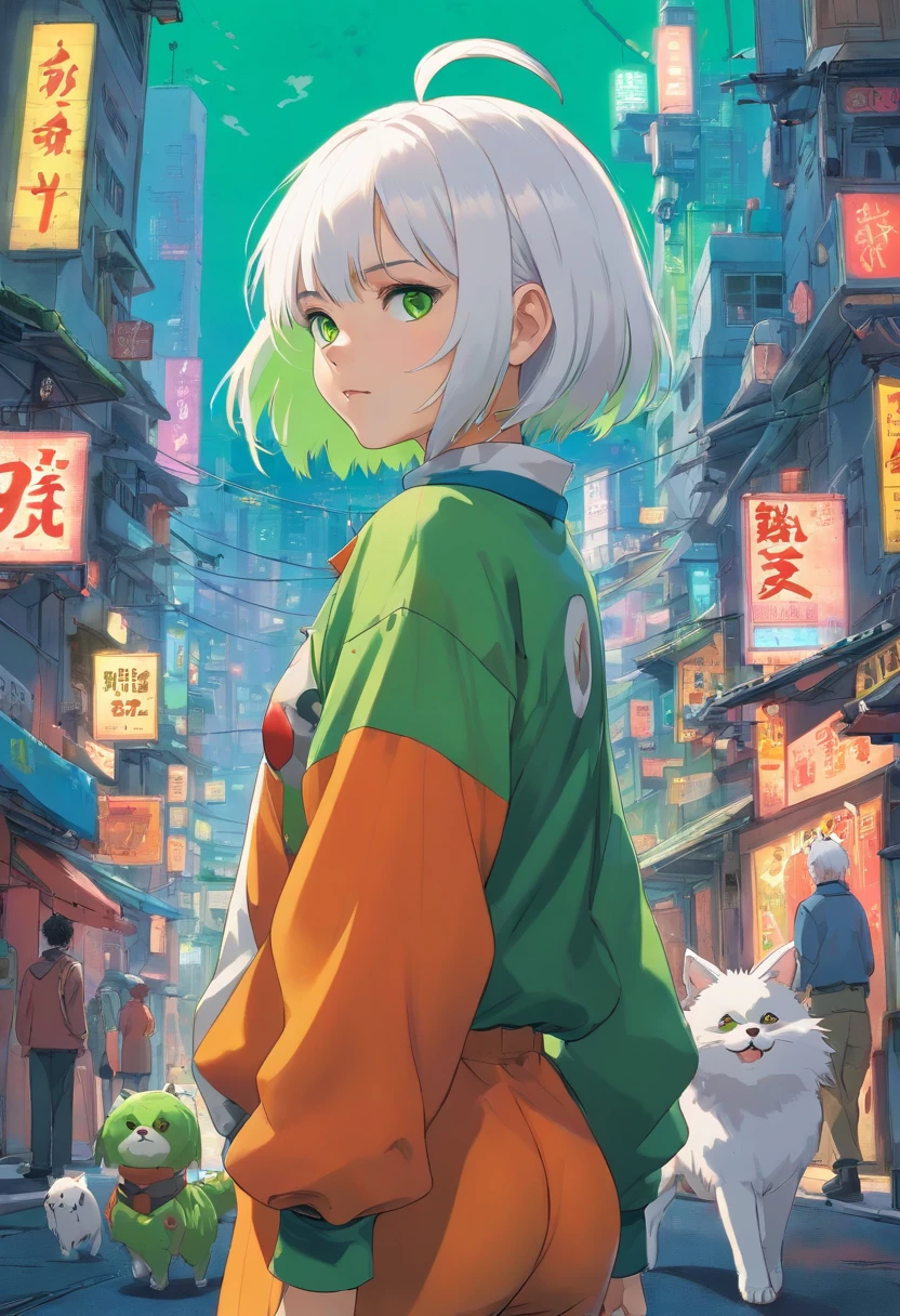 1girl, (masterpiece), white hair, short hair, green eyes, Clown outfit, cyberpunk city,