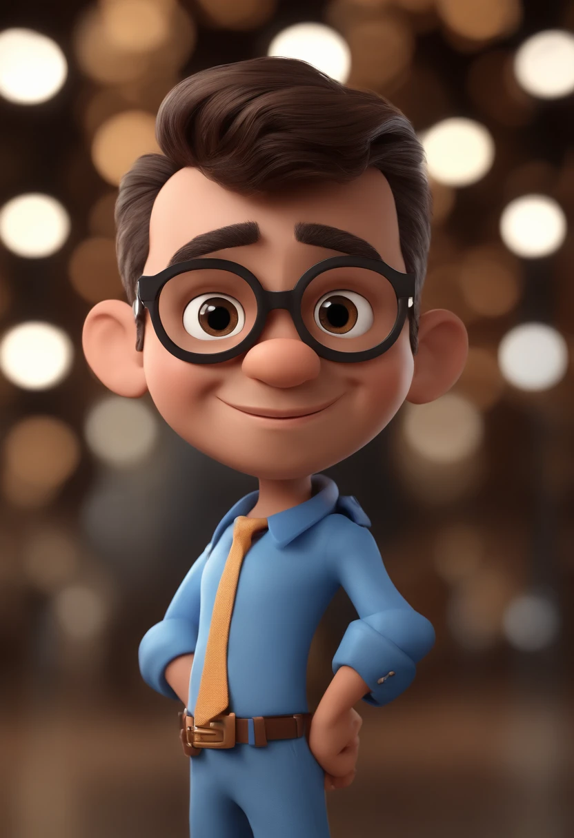 Cartoon character of a man with black glasses and a blue shirt, animation character, Caractere estilizado, animation style rendering, 3D estilizado, Arnold Maya render, 3 d render stylized, toon render keyshot, Personagem 3D, Personagem 3D, 3d rendering stylized, 3 d character render, personagem de desenho animado, Personagem de close up, Pose de personagem,  (Estilo Pixar) (master part:1.2) (Bokeh) (best quality) (pele detalhada) (textura detalhada) (8k) (argila) (Cinematic lighting) (foco nítido