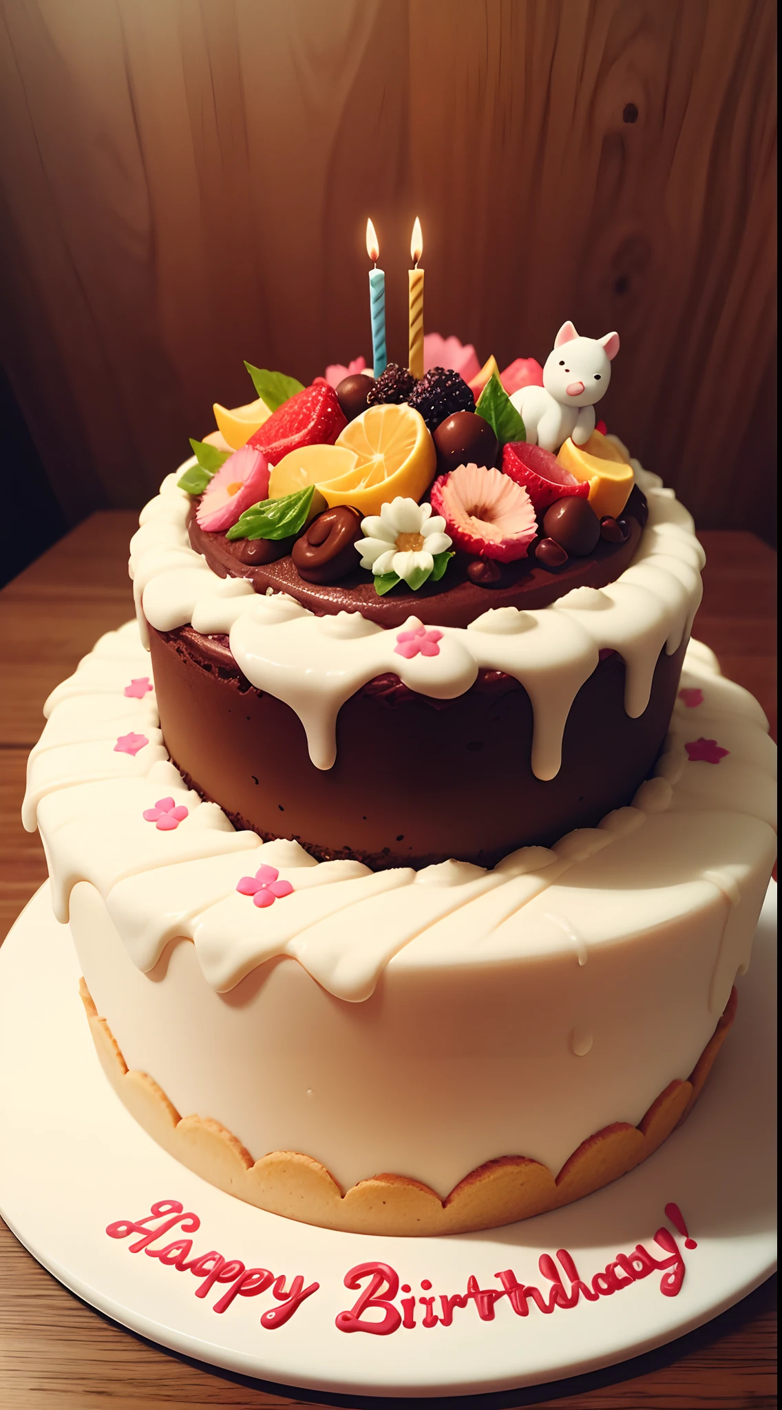 Birthday cake, happy birthday message, cream, fruit slices, jam, chocolate, saccharin, flower carvings and small animals made of cream, as well as vines,