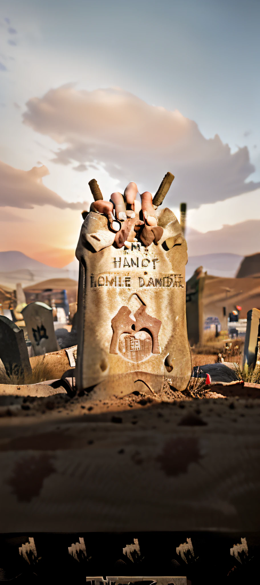 Someone's got his hand sticking out of the dirt in front of a tombstone