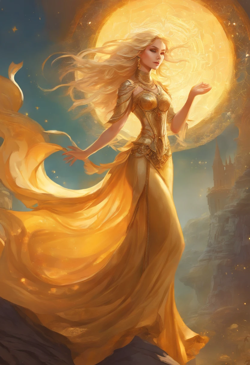 (full body shot:1:1). high quality, highly detailed, Style: illustration inspired by the artwork of Joe Benitez and Frank Frazetta, blend retro-futuristic Victorian steam punk aesthetic with Frazetta's dynamic and epic fantasy style, Beautiful Nordic woman's skin carries a radiant, golden glow, reminiscent of the warm morning sun. It seems to exude a soft, luminous aura that imparts a sense of hope and serenity to those in her presence. Her (blonde hair) cascades in shimmering waves of pure gold, interspersed with strands that flicker like tiny stars, giving the impression of a celestial crown adorning her radiant visage. Her (golden eyes), pools of pure radiance, reflect the depths of compassion and understanding, shimmering with a warm, golden light. Wearing plate boots and make her float above the ground