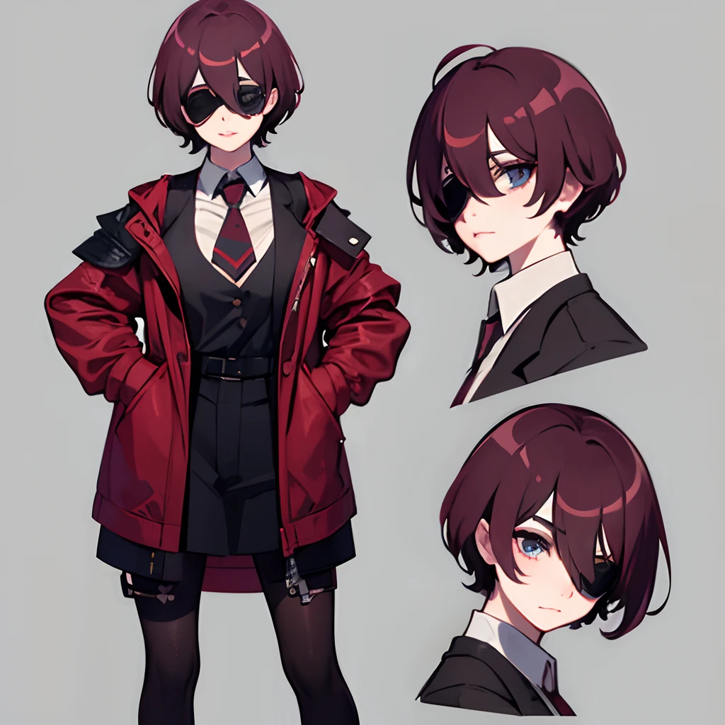 Medium high,rob roy color jacket girl wearing one eyepatch short hair style ,standing,concept design