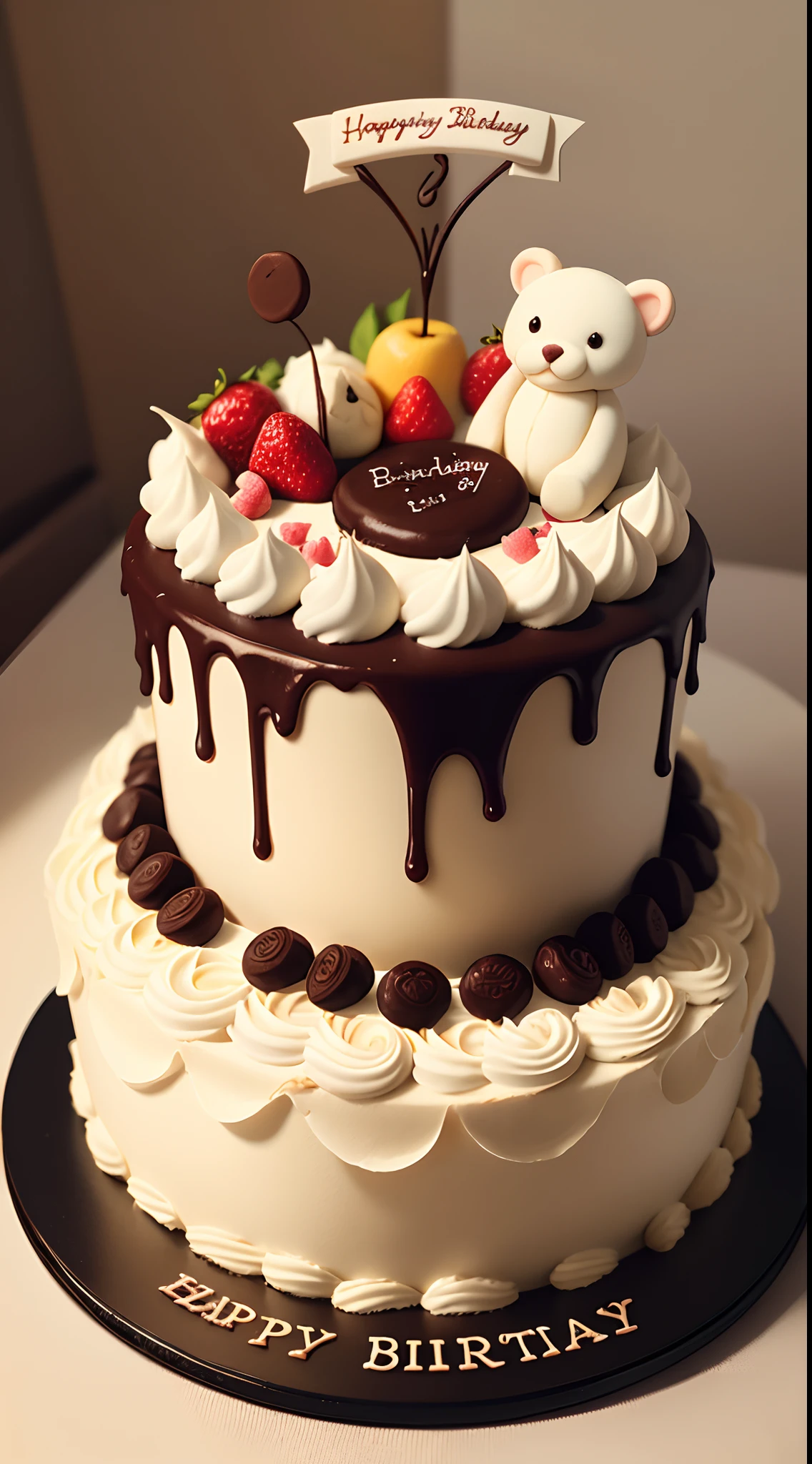 Birthday cake, happy birthday message, cream, fruit slices, jam, chocolate, saccharin, flower carvings and small animals made of cream, as well as vines,