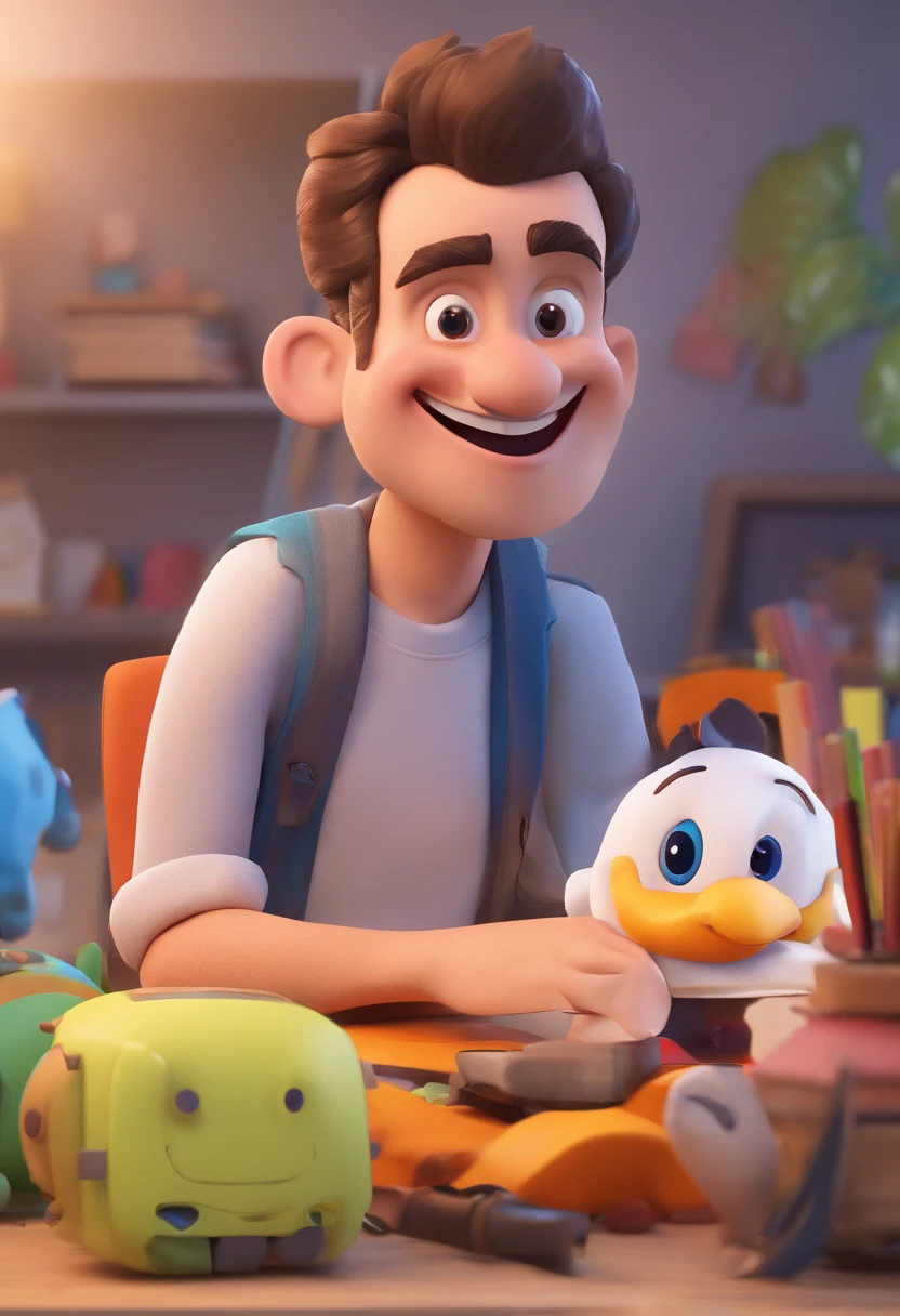 Smiling Man Illustration, sorriso insano, Homem de pele marrom com um sorriso gigante, happily smiling at the camera, sorriso atrevido, he's smiling, sorriso muito grande, Macho sorridente, foto de perfil headshot, rindo sorriso enorme, desenhando no estilo de Arte 3D, c4d, fundo de cor branco puro, estilo disney, estilo pixar render ilustracao Super Detalhe, 8k
