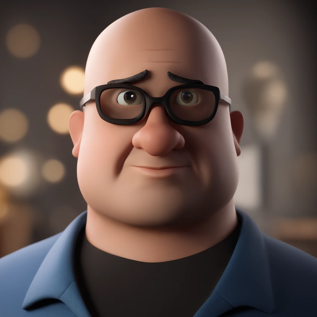 Pixer cartoon character of a skinny man light nore, bald, blue eyes with black glasses and policeman dress, animation character, Caractere estilizado, animation style rendering, 3D estilizado, personagem de desenho animado, Personagem de close up, Pose de personagem, (Estilo Pixar) (master part:1.2) (Bokeh) (melhor qualidade) (pele detalhada) (textura detalhada) (8k) (argila) (Cinematic lighting) (foco nítido