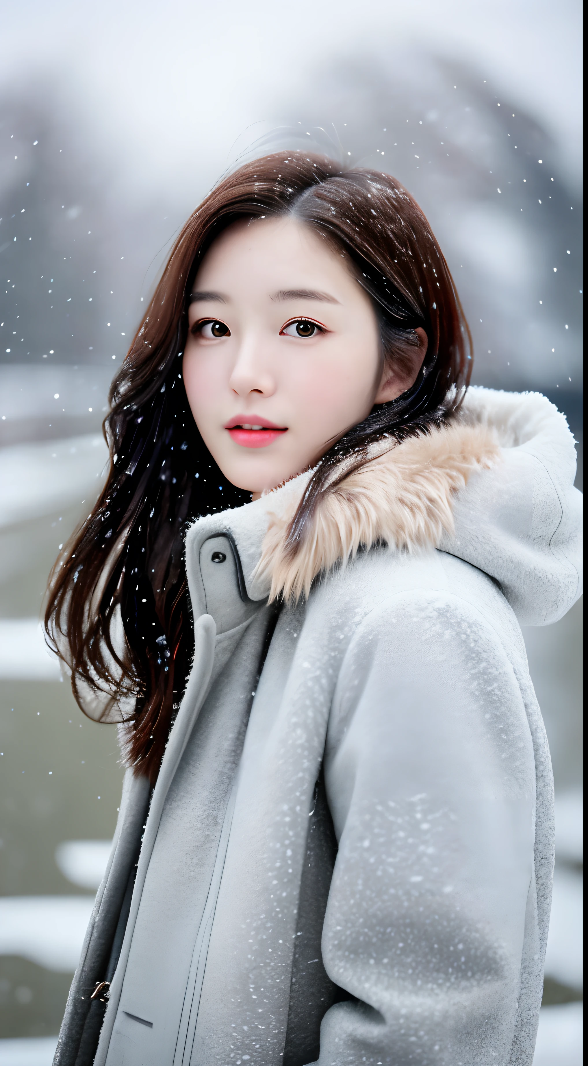 realistic photos of (1 cute Korean star) Shoulder-length hair, thin makeup, medium breasts size, wearing coat, in the snow, clear facial features, 8K high resolution, sharp and realistic details.from outside, Eye-Level Shot, f/4.0, 135mm, Fujifilm, jpeg artifacts, dithering, UHD, masterpiece
