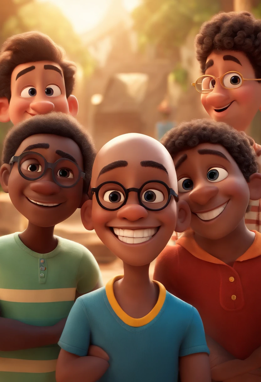 Pixar style image with 3D character three black boys with shaved hair, The one in the middle wears a beard and wears glasses, the one at the tip wears glasses and doesn't wear a beard. The three of them are smiling at the camera Disney Makeup,Pescador, adolable, sorridente ,Close-up, Pixar, Disney, Cinema lighting. Add the sign Here comes Trio Júlio the movie