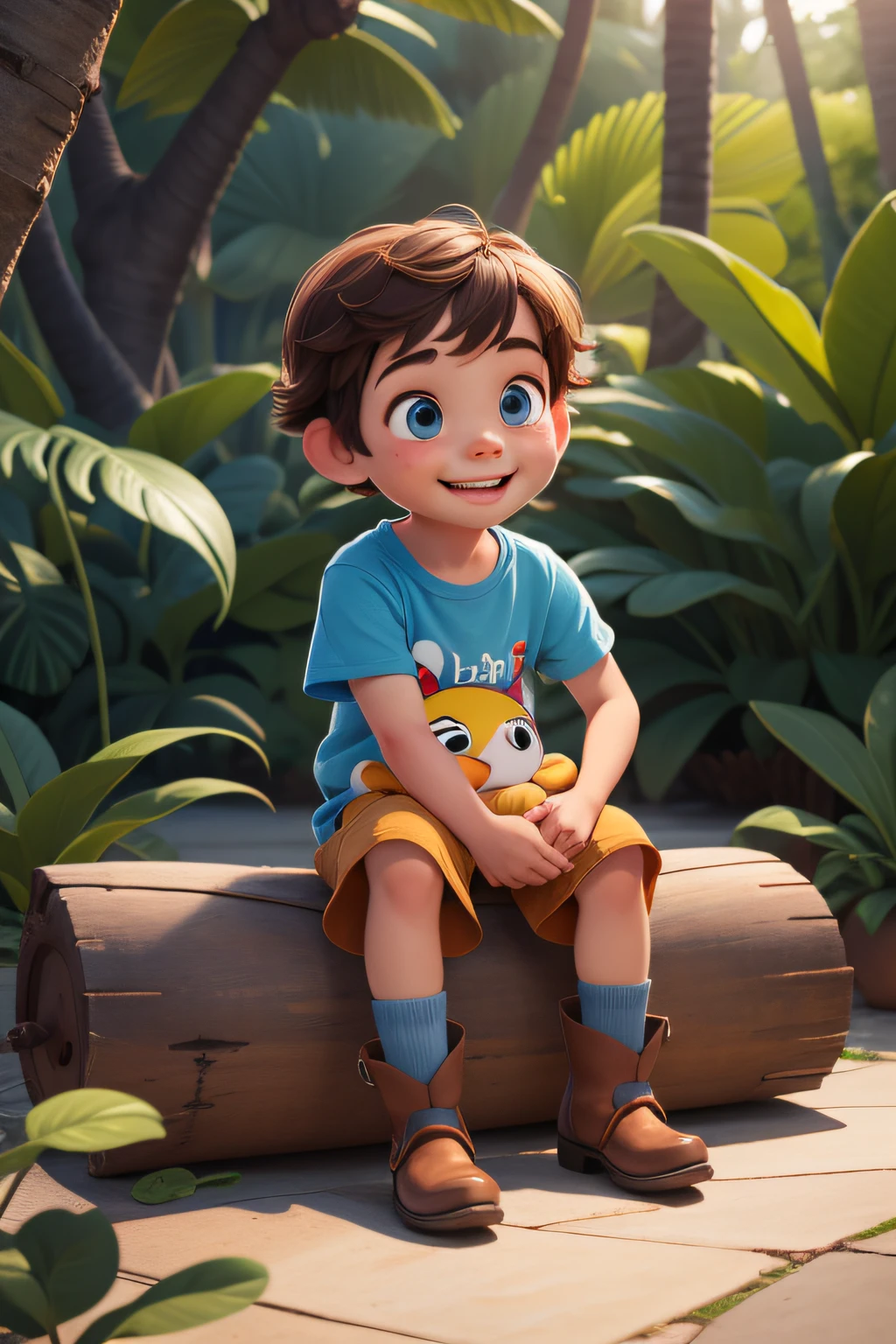 Pixar art: a happy boy sitting on the floor, na floresta, com uma pequena mochila azul nas costas, blusa amarela, bermuda preta, bota de trilha azul