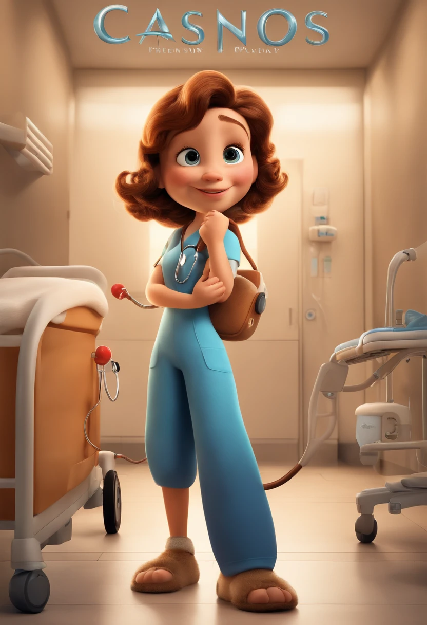 a Disney-style 3D Pixar movie poster featuring a young woman, 22 anos, parda, alegre, longos cabelos castanho escuro e volumosos, com olhos pequenos, enfemeira, with a stethoscope, em um jaleco branco, Delivering a baby in a hospital.