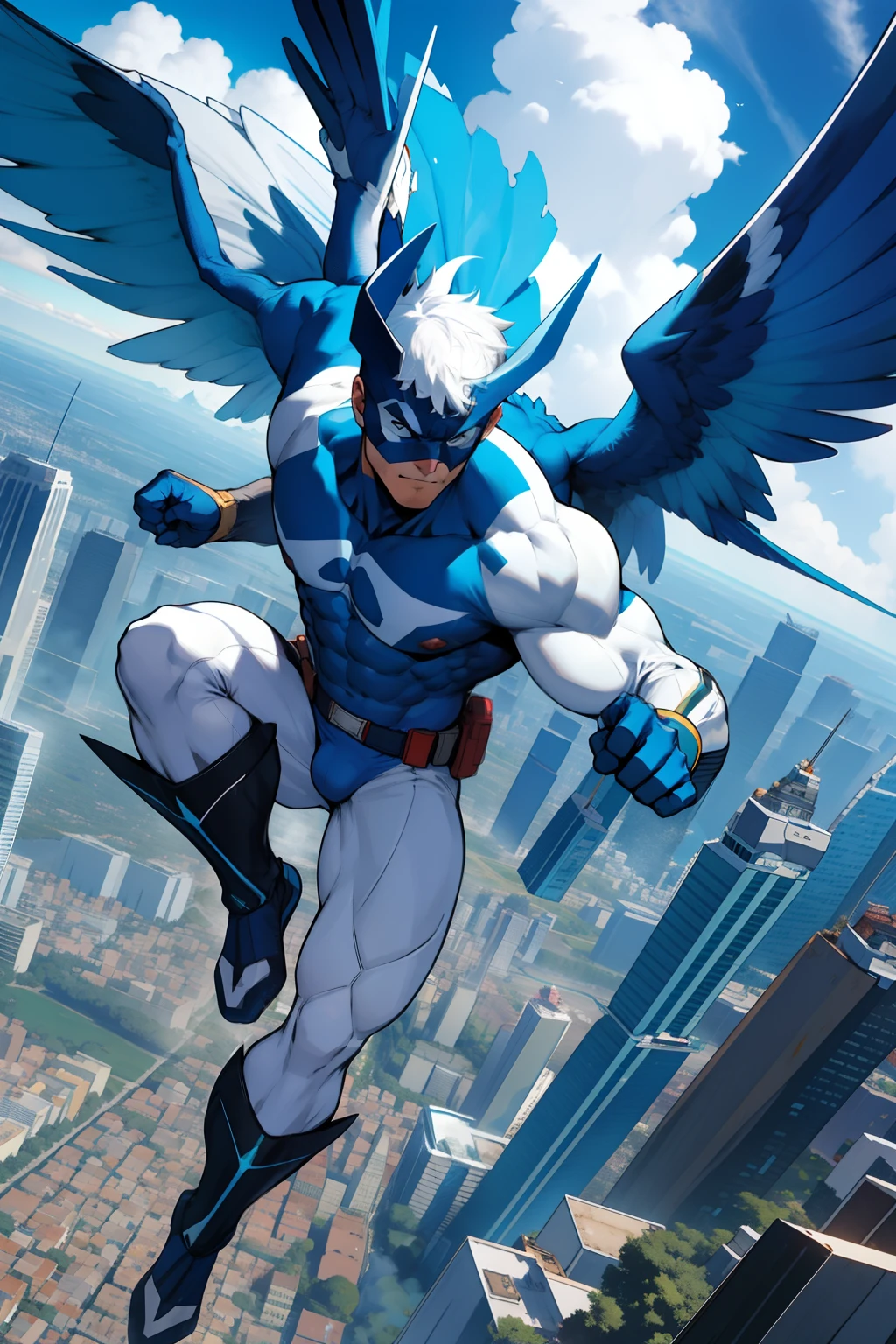 Superhero flying over a city, uniforme branco, luva azul, sapato azul, white mask, simbol "V" escrito no peito, poderes de espuma