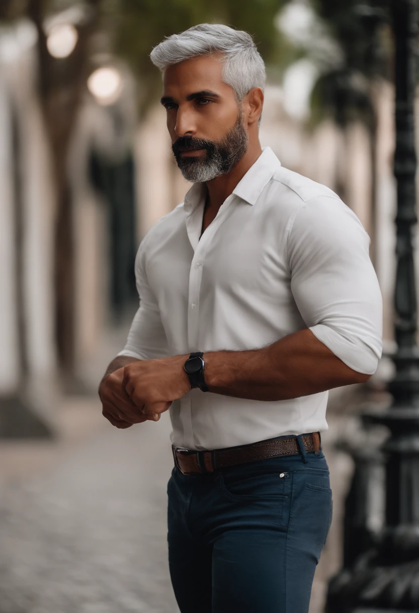 Estilo Pixar: O jovem brasileiro, de pele bronzeada devido ao sol tropical e alta estatura, has gray hair with a gradient cut, uma silhueta esbelta, e ostenta uma barba negra bem cuidada. Sua esposa, de origem venezuelana loira, de estatura mais baixa e possui uma pele clara que irradia beleza. Com o fundo em uma estrada e com moto vermelha de alta cilindrada.