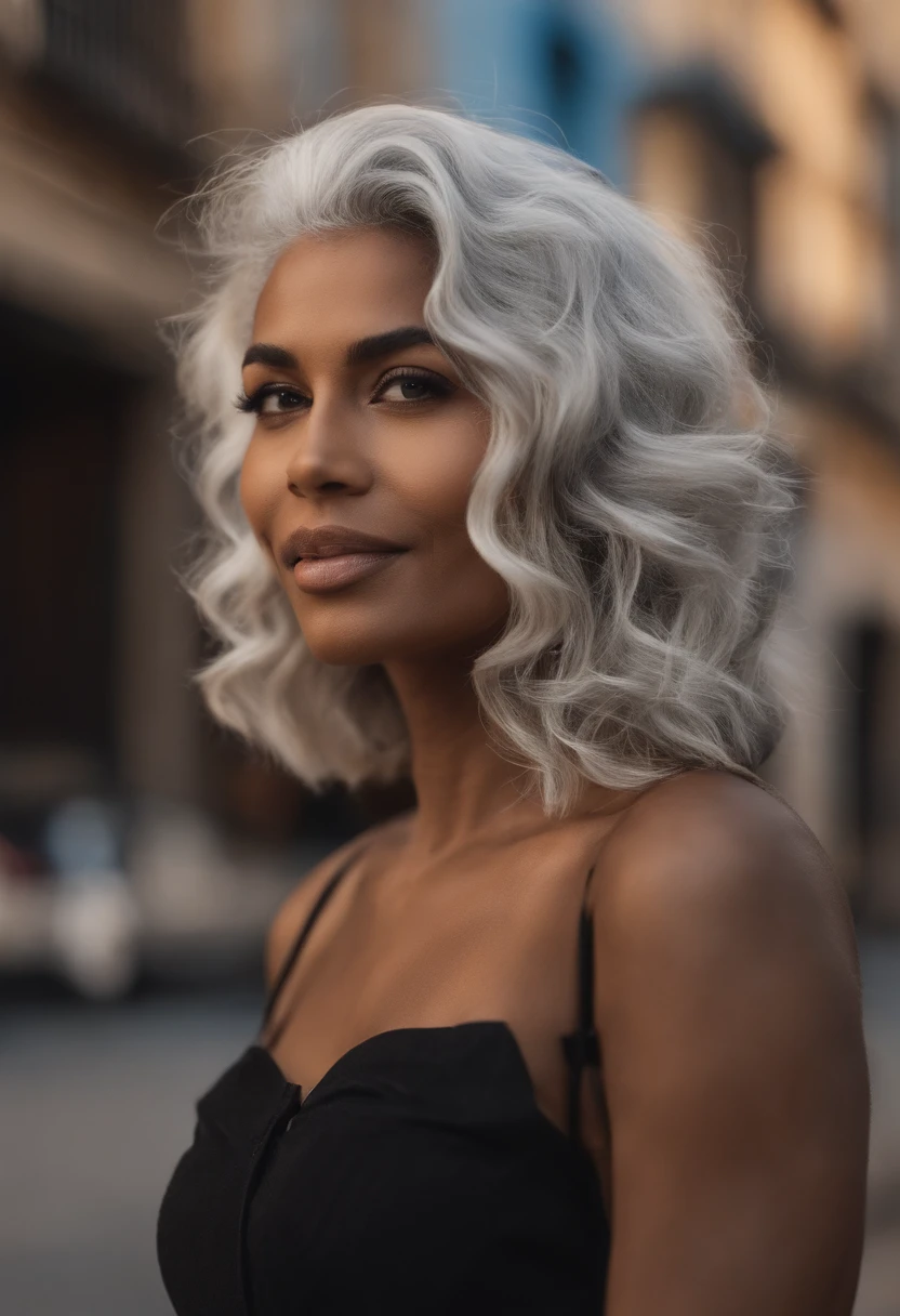 Estilo Pixar: O jovem brasileiro, de pele bronzeada devido ao sol tropical e alta estatura, has gray hair with a gradient cut, uma silhueta esbelta, e ostenta uma barba negra bem cuidada. Sua esposa, de origem venezuelana loira, de estatura mais baixa e possui uma pele clara que irradia beleza. Com o fundo em uma estrada e com moto vermelha de alta cilindrada.