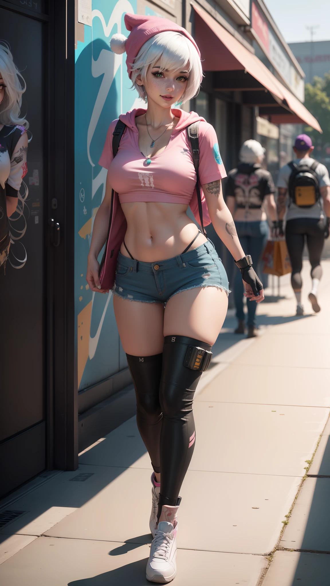 gwen tennyson,tracer,yorha 2b,y'shtola rhul,overwatch,nier automata,mecha pilot,shopping center,tattoos,orange and pink plugsuit,white short sleeve top,denim micro shorts,chain garter belt, uncovered belly,short hair,cute makeup,green eyes,multicolored silver hair,sexy smile,freckles,beautiful girl,large breasts,8k,ultra detailed, realistic,fantasy art,skater uniform,ear piercings,cyberpunk suit,saiyan girl, saiyan female,pink short sleeve sport hoodie,bear ear beanie,graffiti wall art,walking,chain belt,goth necklace, thigh high boots,