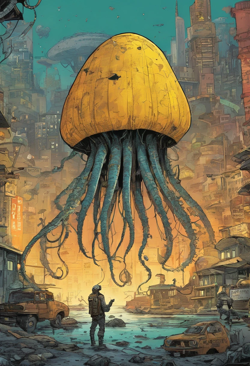 Comics, Estilo Skottie young, apocalyptic scenery, Cities destroyed, Giant jellyfish with tentacles, Parts of robots destroyed on the ground, High Definition 4K Man in Black and Yellow Outfit