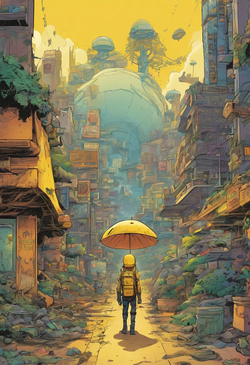 Comics, Estilo Skottie young, apocalyptic scenery, Cities destroyed, Giant jellyfish with tentacles, Parts of robots destroyed on the ground, High Definition 4K Man in Black and Yellow Outfit