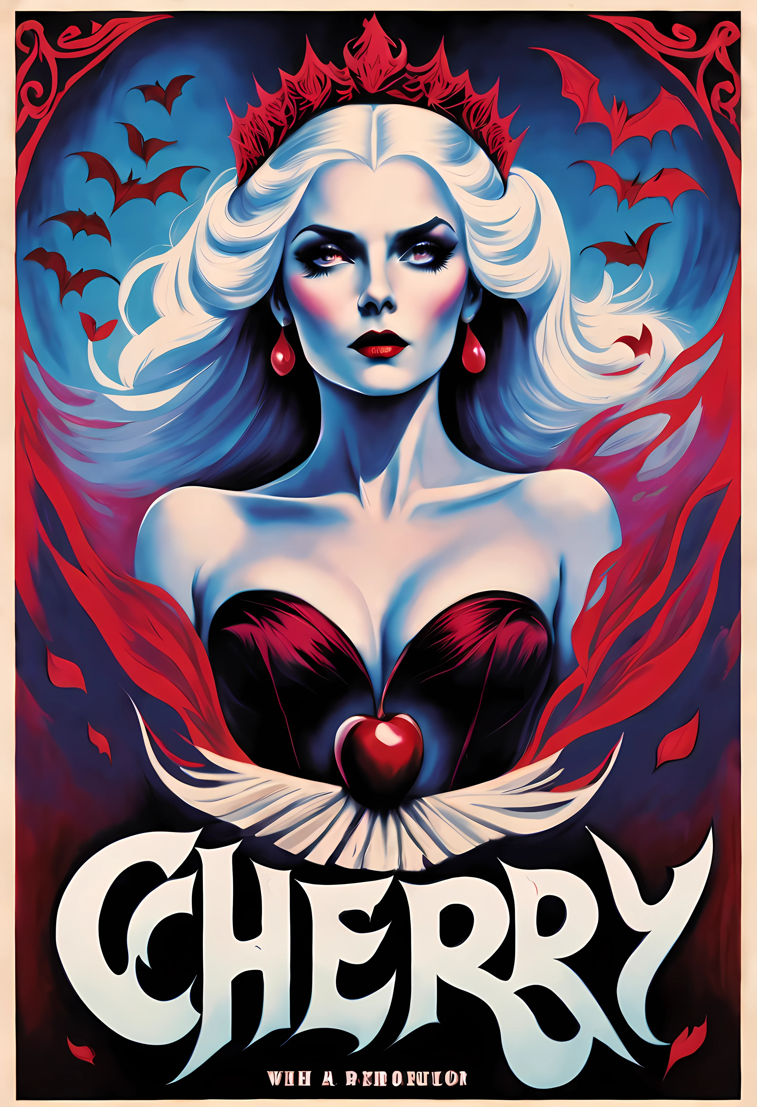 Movie Poster - poster of a movie with the big title "Cherry" written in blood, a stunning vampire queen exuding elegance and power positioned at the center of the poster, vivid eyes captivating and piercing drawing viewers into her mysterious allure, long flowing white hair cascading down her shoulders adding to her ethereal beauty, an (elegant tiara) adorning her head symbolizing her regal status and authority, bats in the background hinting at the supernatural and enchanting world she inhabits, a romantic ambiance envelops the poster evoking a sense of forbidden love and passion, (((looking at the viewer)))