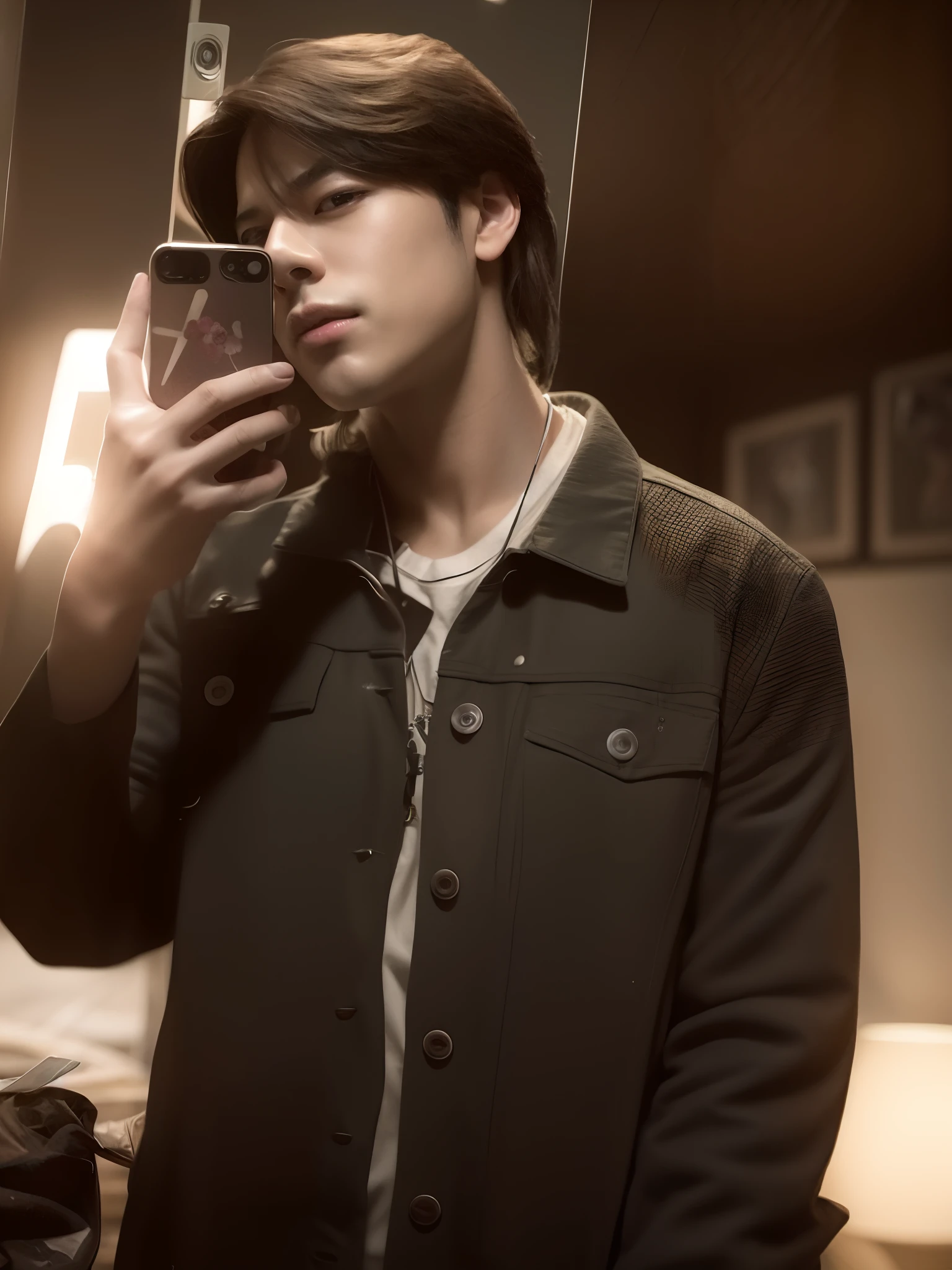 Background change into beautiful anime world with handsome men with clean shave in hand iphone and realistic photo realistic 8k photos