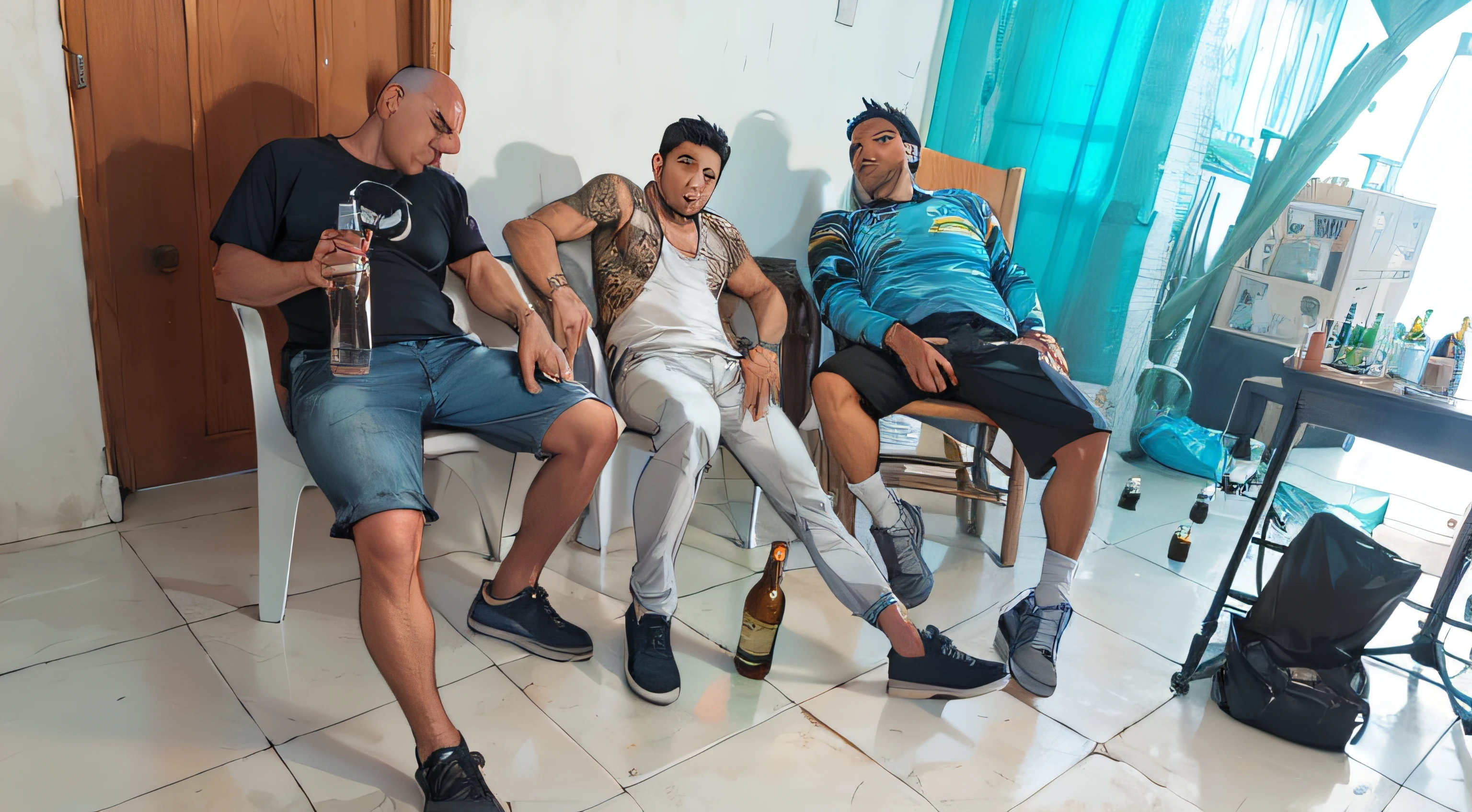 tres borrachos con muchas botellas de licor por todos lados, en version comic, estilo anime