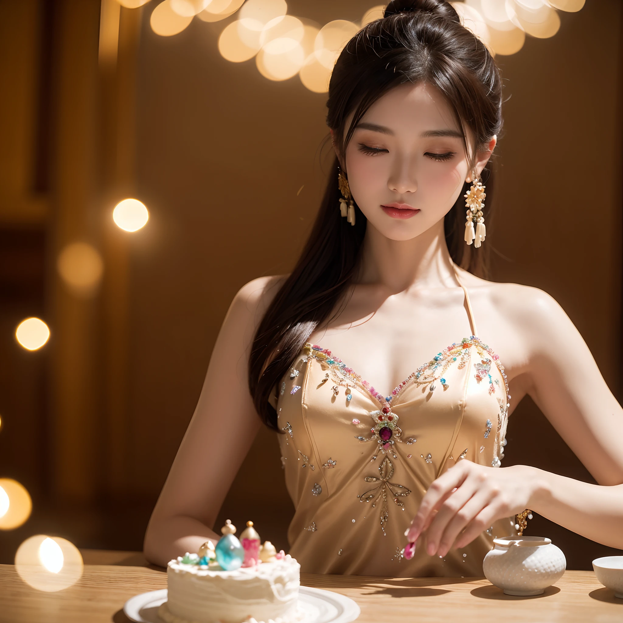 araffe woman in a dress standing next to a cake with candles, holding a birthday cake, happy birthday, celebrating a birthday, wearing a sparkling dress, 20 years old, realistic anime 3 d style, anime realism style, artwork in the style of guweiz, realistic anime art style, realistic young anime girl, stunning anime face portrait, realistic anime artstyle, anime style. 8k, semirealistic anime style, anime styled digital art, guweiz, her eyes looking at the cake, lot of alcohol background