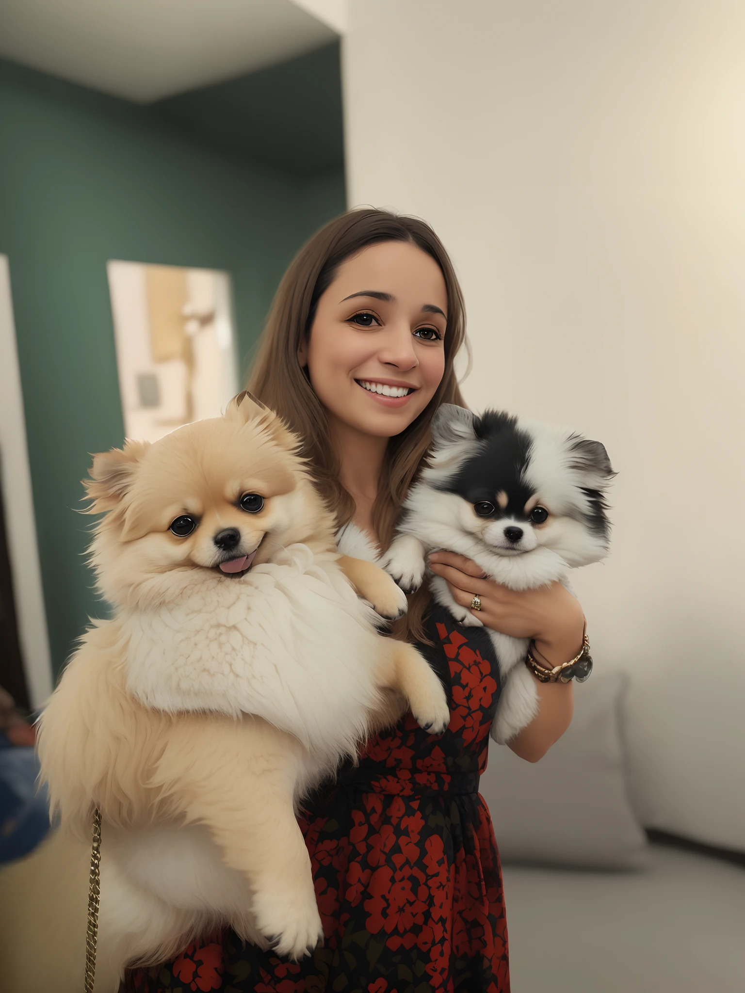 There's a woman holding two small dogs in her arms. Turn the image into a pixel poster with the title "Carol e seus doguinhos"
