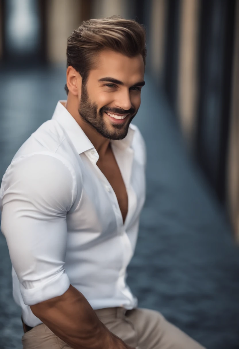 A sexy , handsome male model,with black hair,and brown eyes, he is wearing a casual unbuttoned white shirt,with folded arms, he is also wearing a innerwear under his shirt, but he is not wearing any pants, he has a very beautiful looking flaccid penis, he is looking at camera seductively with a smile
