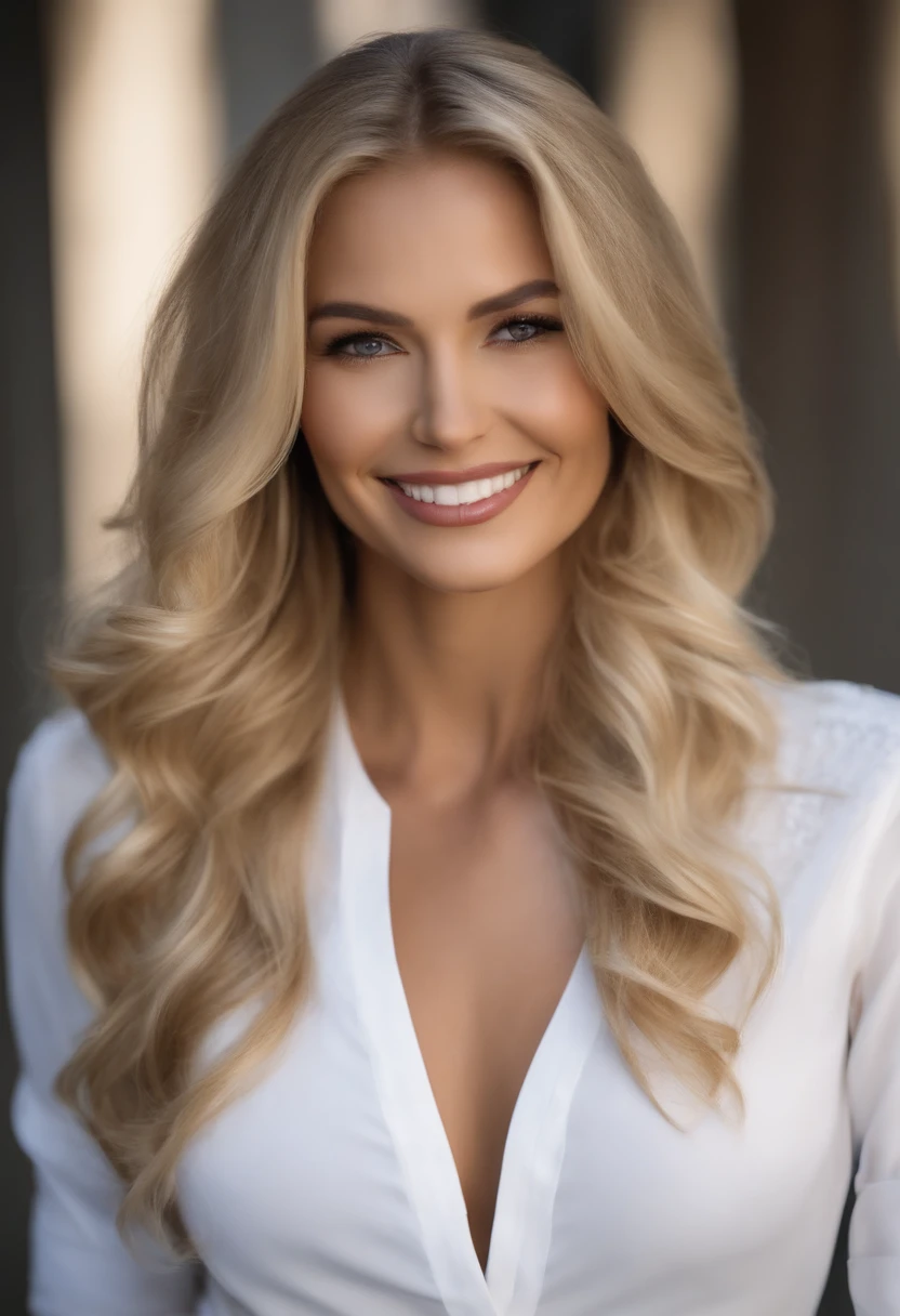 (Professional men in elegant clothes), (sem beard,) (blue colored eyes) (portraite) Handsome and serious appearance., Dark Blue Hair, elegant and elegant, And a very formal strong white shirt., (Realistic, high-quality images), ((best qualityer, 10, master part) Hugging a beautiful blonde woman with a beautiful smile .