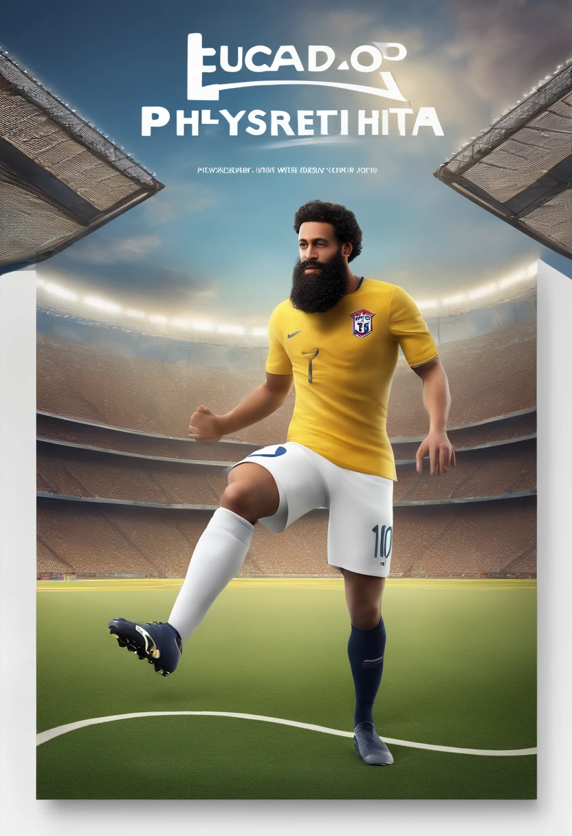 a 3d pixaar disney style movie poster with the text "Lucão Physiotherapeuta" a white man with black curly hair with a beard with glasses, attending to the knee of the player neymar on a football field