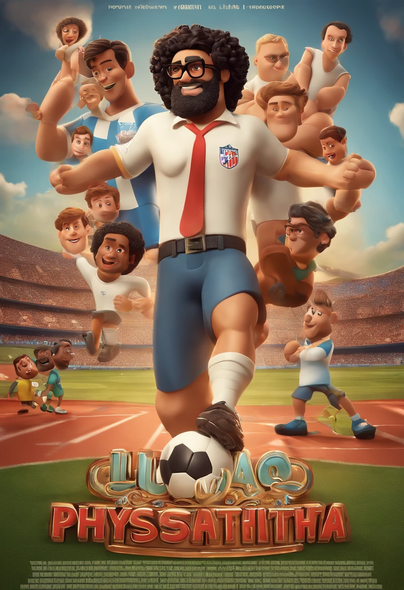 a 3d pixaar disney style movie poster with the text "Lucão Physiotherapeuta" a white man with black curly hair with a beard with glasses, attending to the knee of the player neymar on a football field