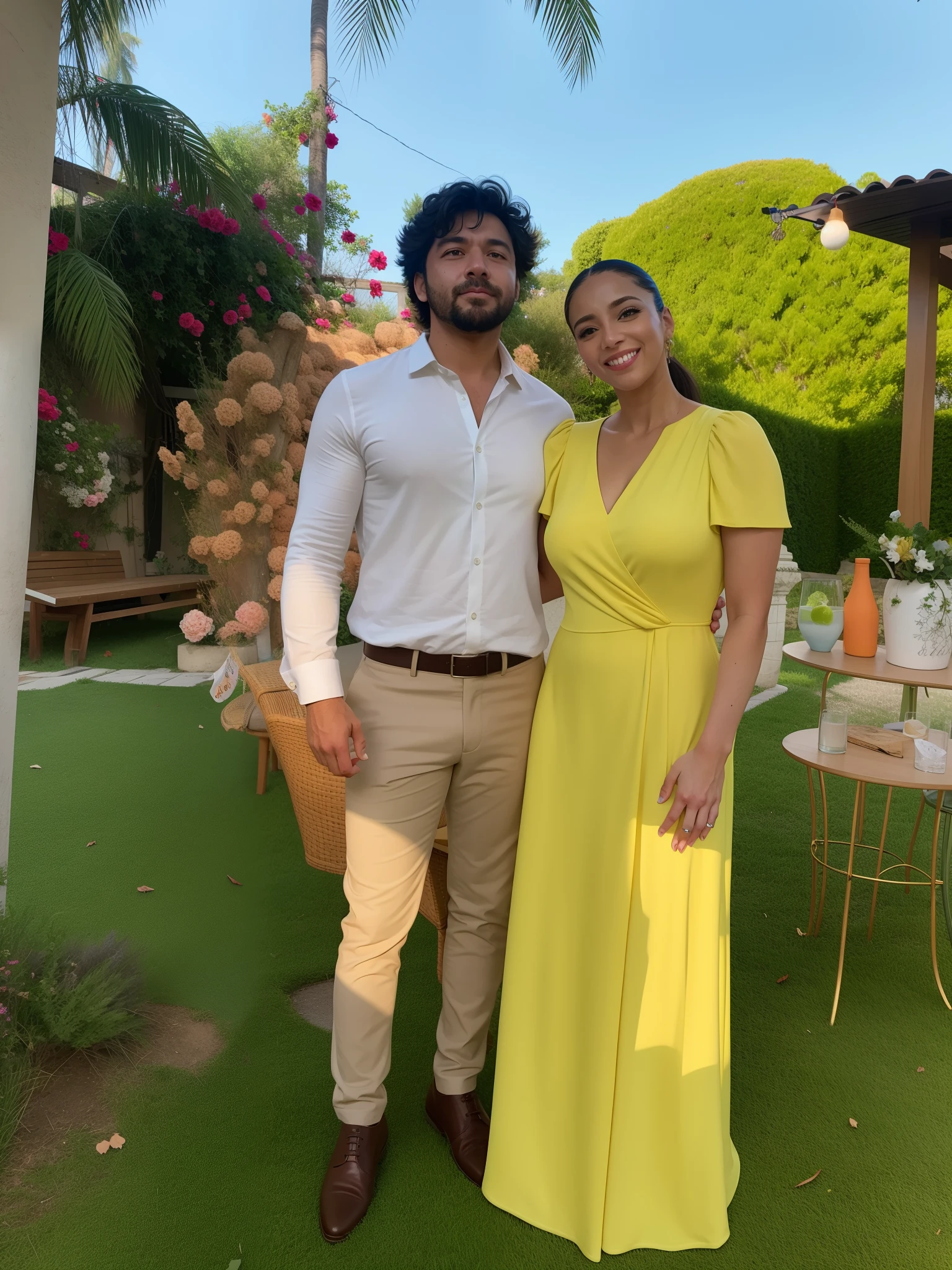 There's a man and a woman together in a backyard, 🐿🍸🍋, usando um vestido amarelo, Karla Ortiz, Directed by: Nandor Soldier, com panos amarelos, imagem de perfil, Lovely couple, daniel mirante, 🤬 🤮 💕 🎀, Mulher de 30 anos de Cuba, amarelo geral, Casal feliz, Jaqueline E