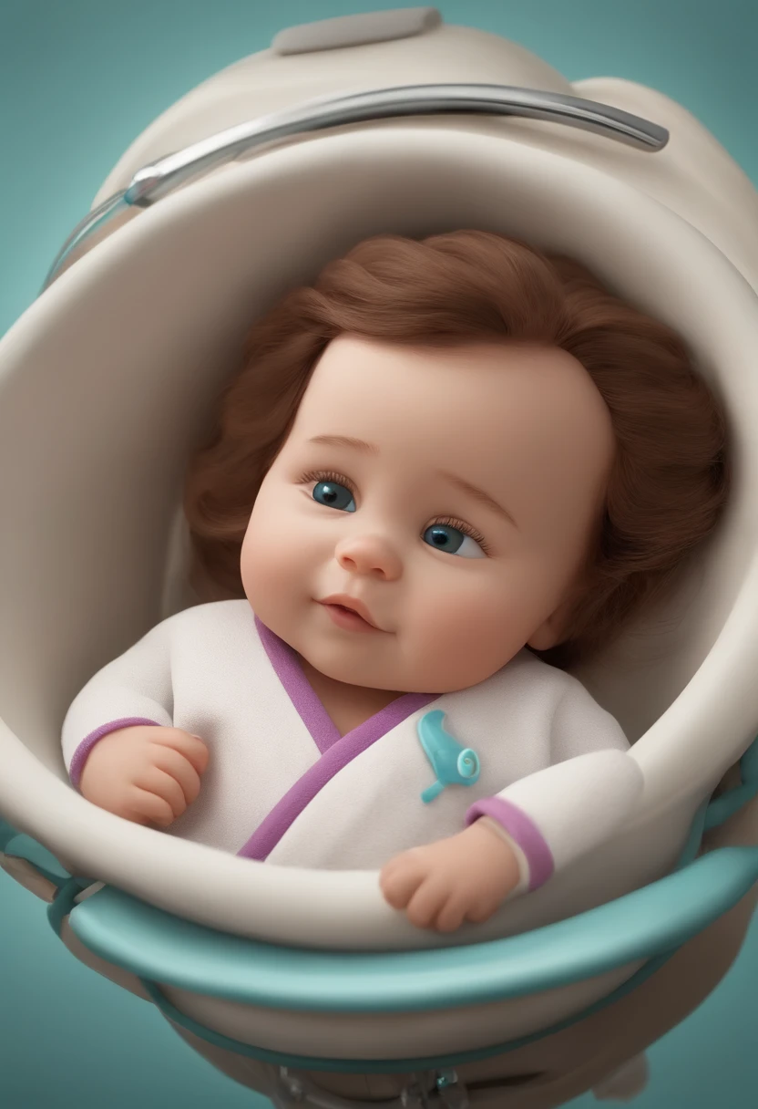 a Disney-style 3D Pixar movie poster featuring a young woman, 22 anos, parda, alegre, cabelos longos castanho escuro e volumosos, com olhos pequenos da cor do cabelo, boca delicada e testa pequena, enfemeira, with a stethoscope, em um jaleco branco, Delivering a in a hospital.