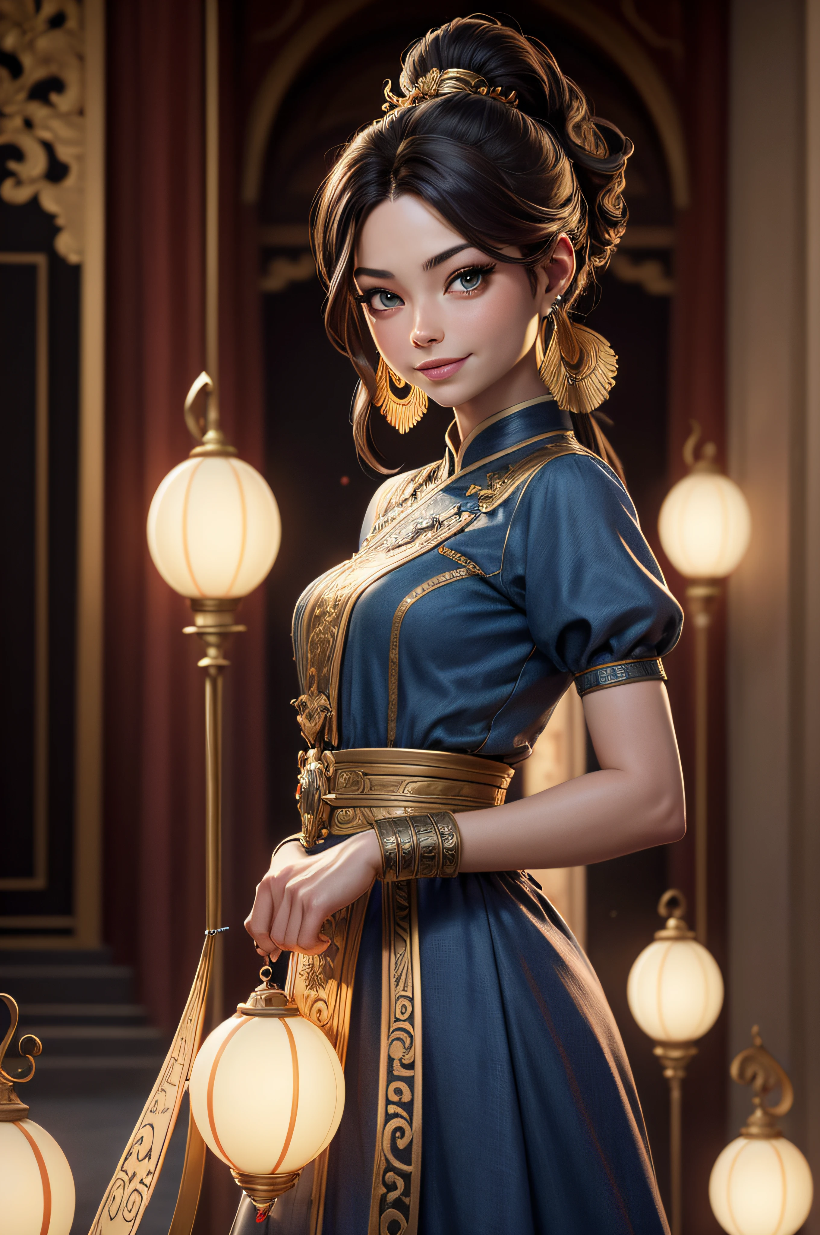 Kristin Kreuk, beau visage, Cheveux noirs longs avec ponytail avec des yeux verts, tenue en jean, golden looped earrings, vous regardant avec des yeux aimants et un doux sourire. L’arrière-plan est un ancien palais chinois entouré d’un paysage majestueux. Le palais doit être orné de tuiles vernissées, Statues de Bouddha, Lanternes. L’image finale doit être un chef-d’œuvre, avec des graphismes de haute qualité et des détails complexes qui transportent le spectateur dans un monde d’émerveillement et de magie, Lumière cinématographique, Rétroéclairé, micro-détails, Interprétation, cinématographique, 85mm 1.4