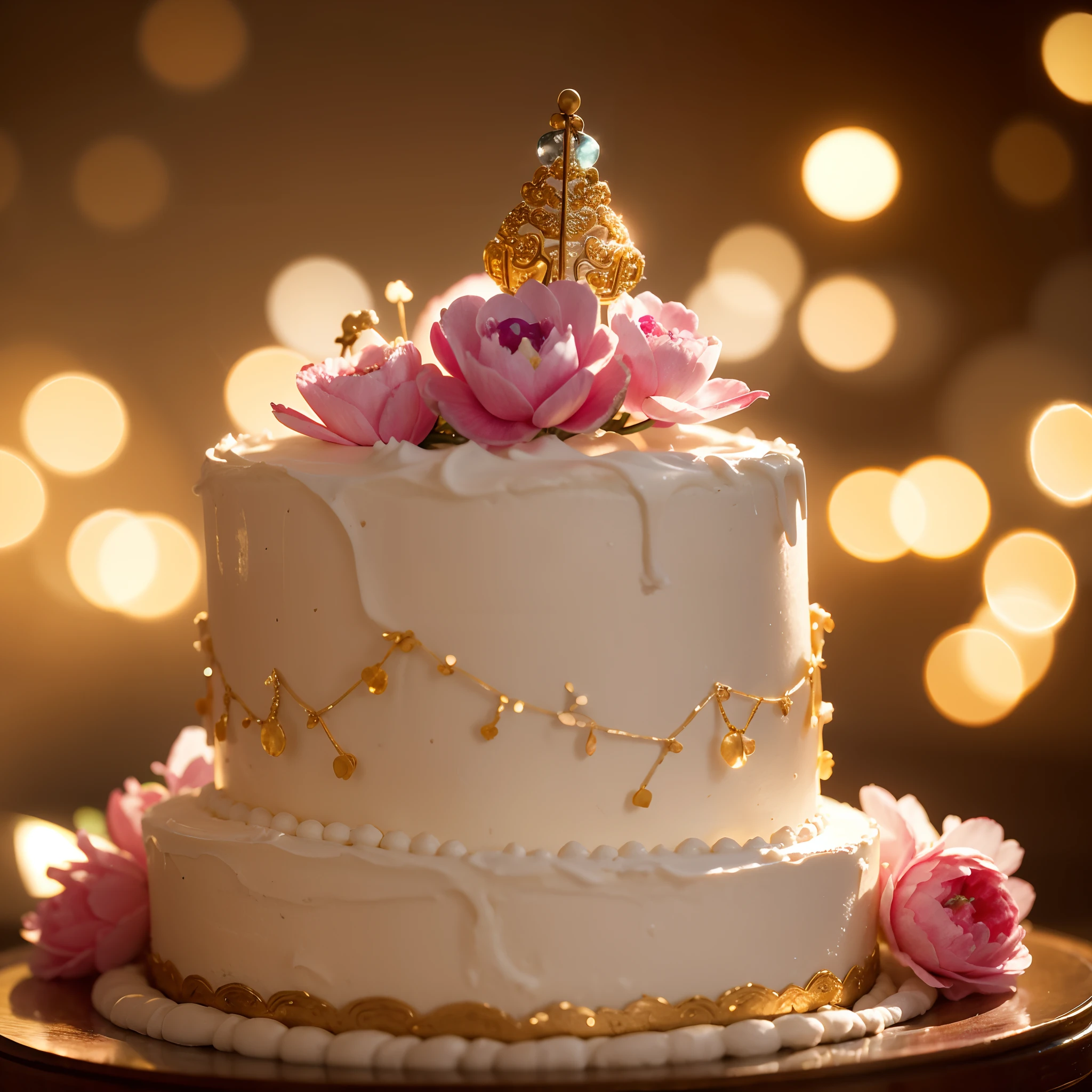 Birthday cake filled with gems,??????? correct，Delicate pattern，ancient china art style，Oriental elements，Clean colors,simplebackground, Soft lighting, ( Bokeh)，Masterpiece, Super detailed, Epic composition, Highest quality, 4K，