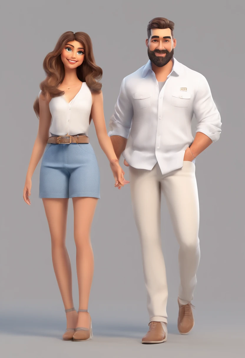 An illustration of an adorable couple, Destacando um homem e uma mulher com beleza, Expressive eyes – the man's hair is bald and brown and he has a full beard, While the woman's hair is tied up in a bun and blonde. They are a bright space, Todos com um sorriso no rosto, e compartilhe um momento especial, That is marked by love, viagem, and pedagogical insights. Ilustre esta cena a partir de uma perspectiva, where they're facing away from the camera, Show Your Connection. Desenvolva esta arte em Full HD, Focus on your cinematic touch, Estilo Disney Pixar Animations