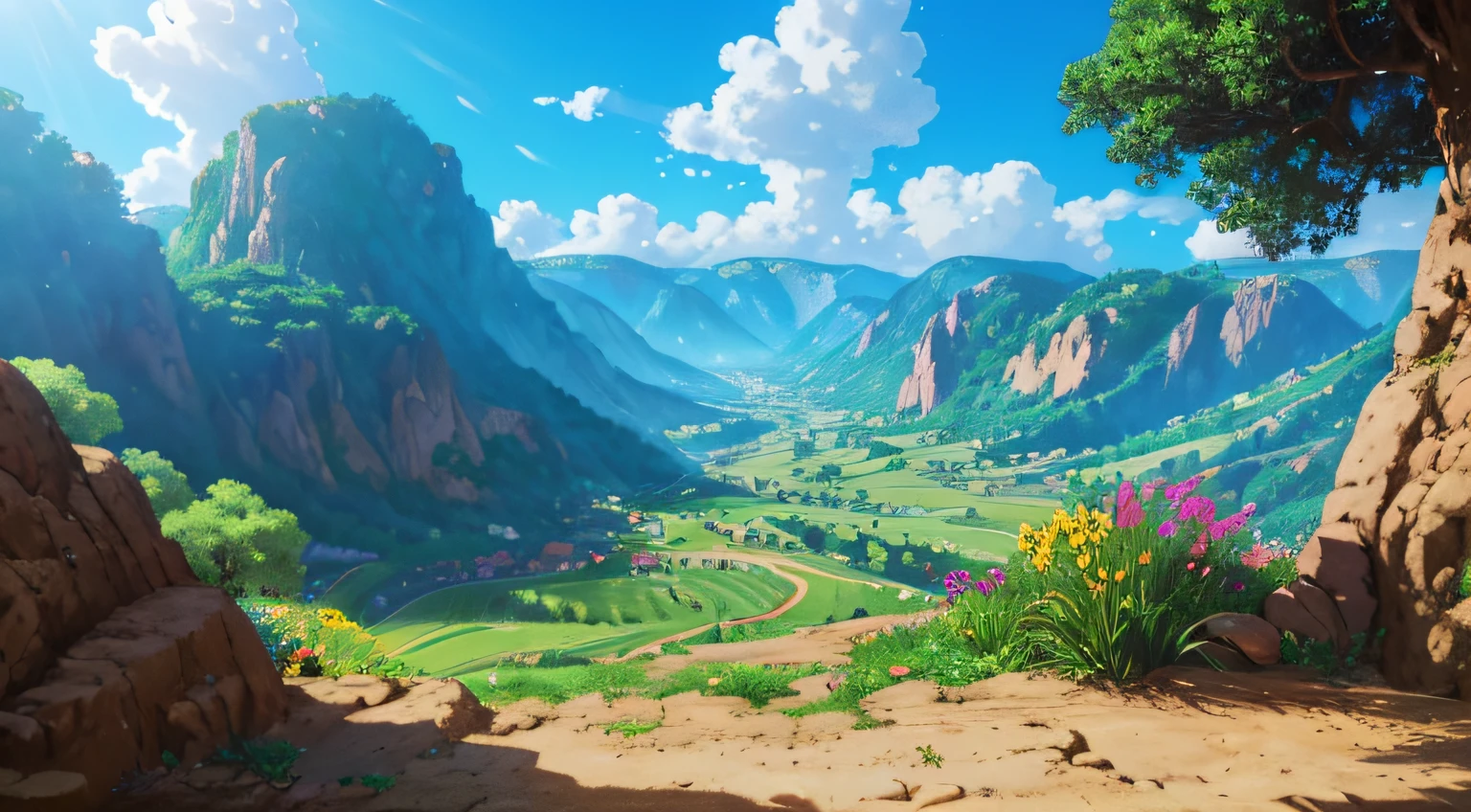 Zazu overlooking the valley (best quality,8k,realistic,vibrant),cave entrance with Zazu,scenic valley view,colorful,overlooking,beautiful landscape,wildflowers blooming,peaceful and serene atmosphere,green rolling hills,trees in the distance,bright blue sky,fluffy white clouds,sunshine filtering through the trees,cool breeze,rays of light illuminating the valley,Zazu's feathers shining in the sunlight,happy expression on Zazu's face,wings spread wide as if in awe,feeling of tranquility and harmony,nature's beauty at its finest