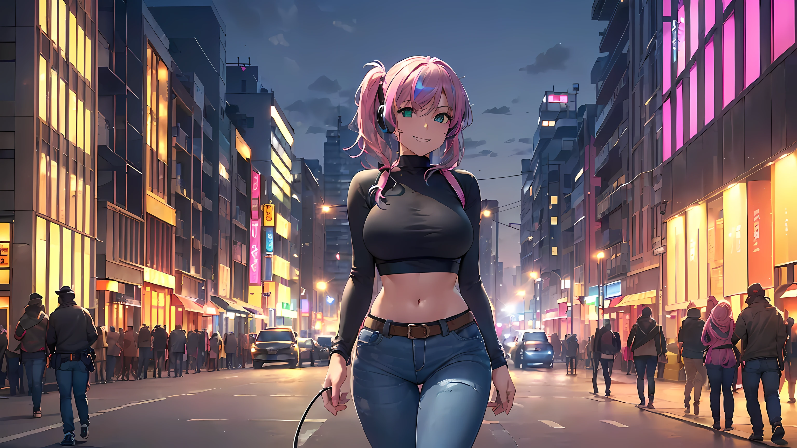 Anime girl walking down the street in a city at night - SeaArt AI