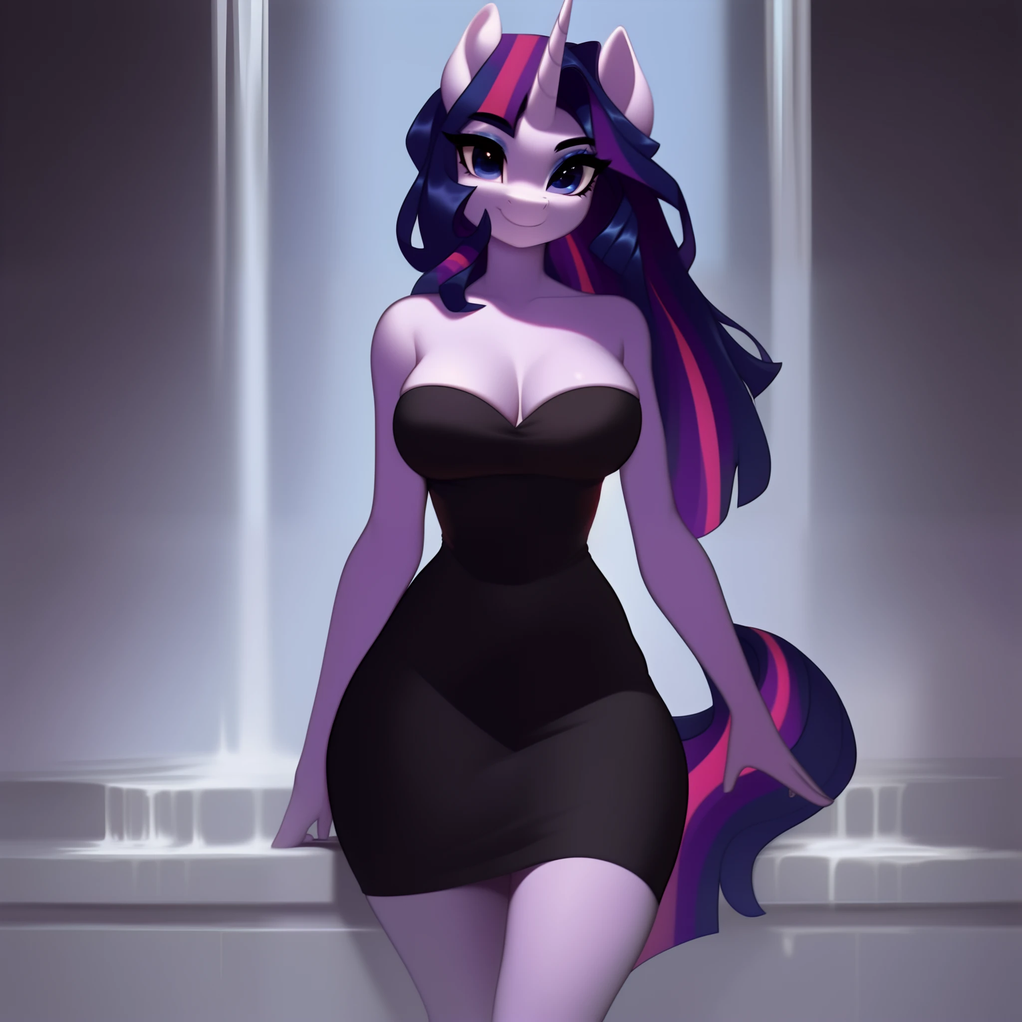 (score_9), (source_pony), (solo), (alicorn), ((anthro rarity fusion twilight sparkle:1.1)), (strapless black dress), facing you, sexy, smiling, sensual, long Messy hair, anatomically correct, night garden, standing near fountain, big breast, half body, anime art style