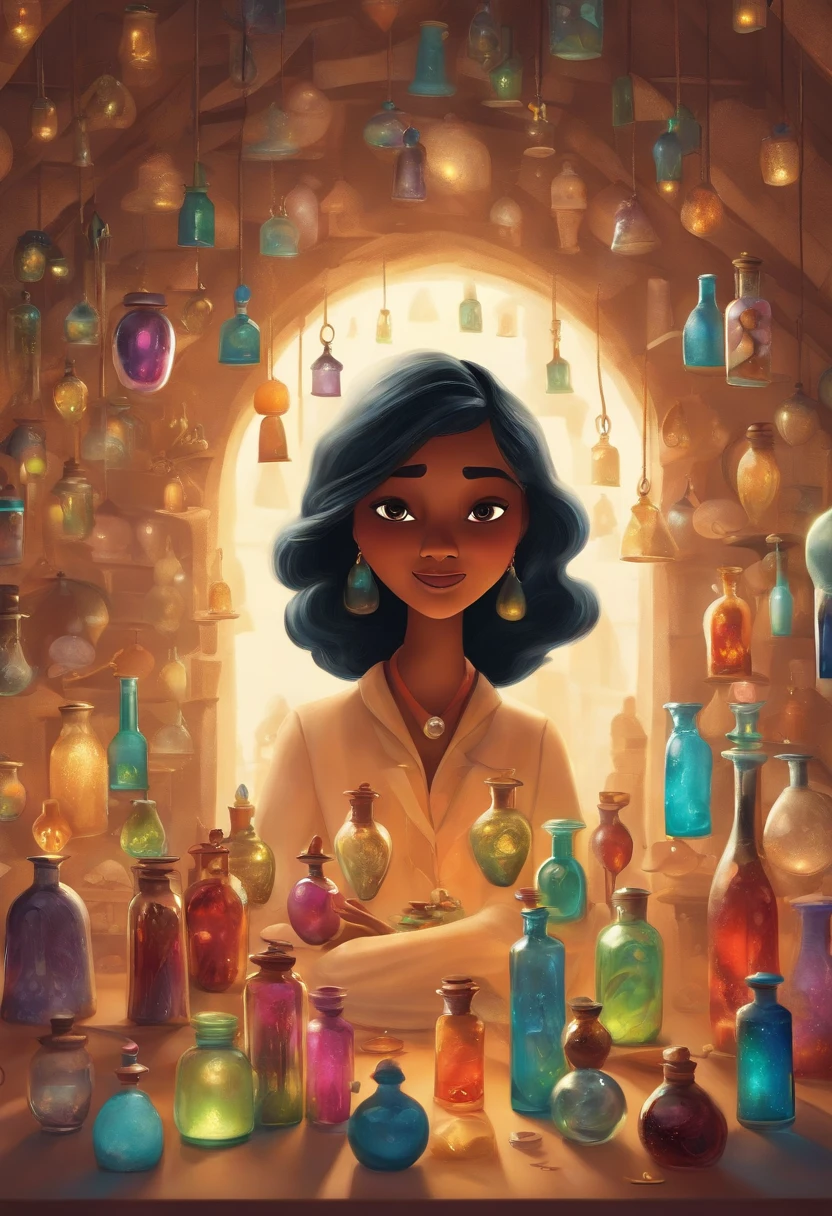 A collector of ideas inspired by Pixar animation, de perto. She is surrounded by a collection of magic vials, each containing a unique idea. The focus is on the character, with a captivating facial expression, In a flickering scenario, cores efervescentes.