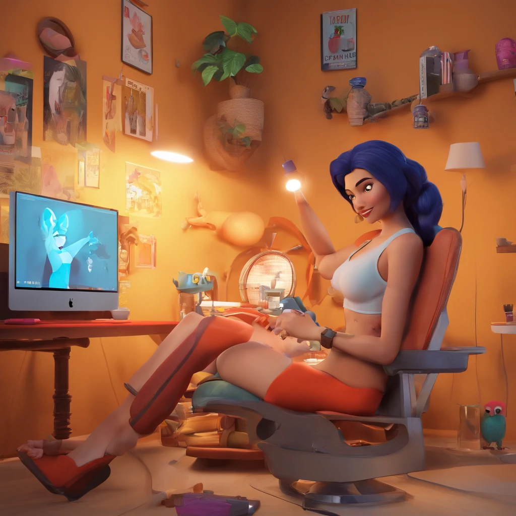 create a 3D movie poster inspired by Disney Pixar, The scene should be in Pixar's signature digital art style, com uma imagem caricatural que lembra a cantora brasileira "Anita" in the prone position, Wearing a bikini while a tattoo artist is sitting tattooing with a giant ring on one hand, inside a tattoo parlor.