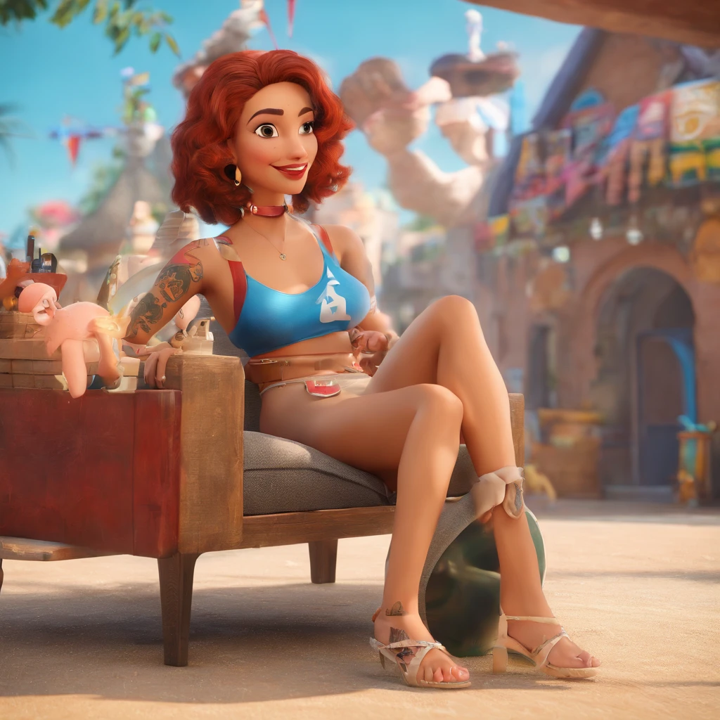 create a 3D movie poster inspired by Disney Pixar, The scene should be in Pixar's signature digital art style, com uma imagem caricatural que lembra a cantora brasileira "Anita" in the prone position, Wearing a bikini while a tattoo artist is sitting tattooing with a giant ring on one hand, inside a tattoo parlor.