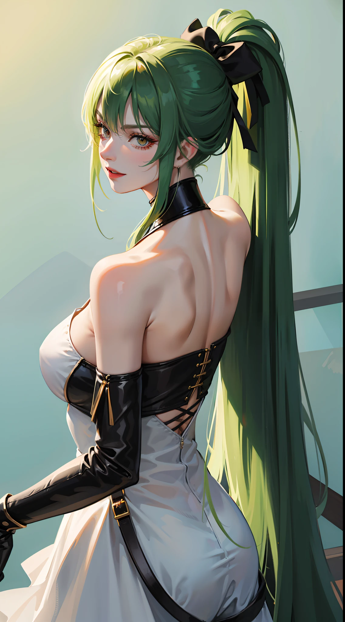 Adult woman, long green hair, high ponytail, white eyes, Black Dense Shape, mask, angry, seen from behind, Smile, Masterpiece, hiquality, 4k, HD, Good detail