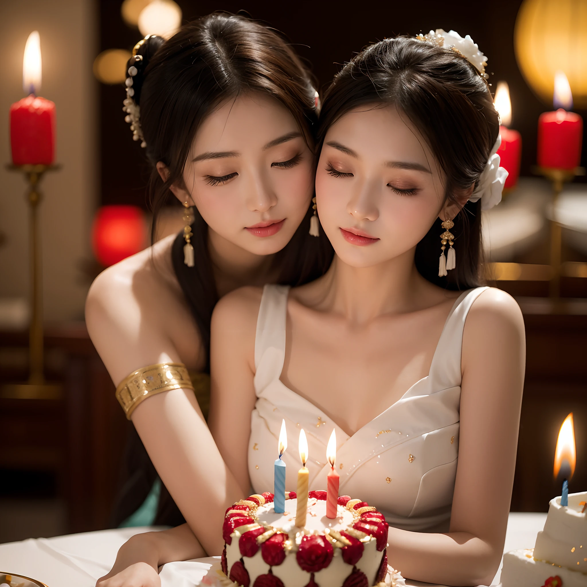 Two women in traditional costumes stand next to a cake holding candles, Birthday cake filled with gems,anatomy correct,Delicate pattern,ancient china art style,Oriental elements,Clean colors,simplebackground, Soft lighting, ( Bokeh),Masterpiece, Super detailed, Epic composition, Highest quality, 4K,