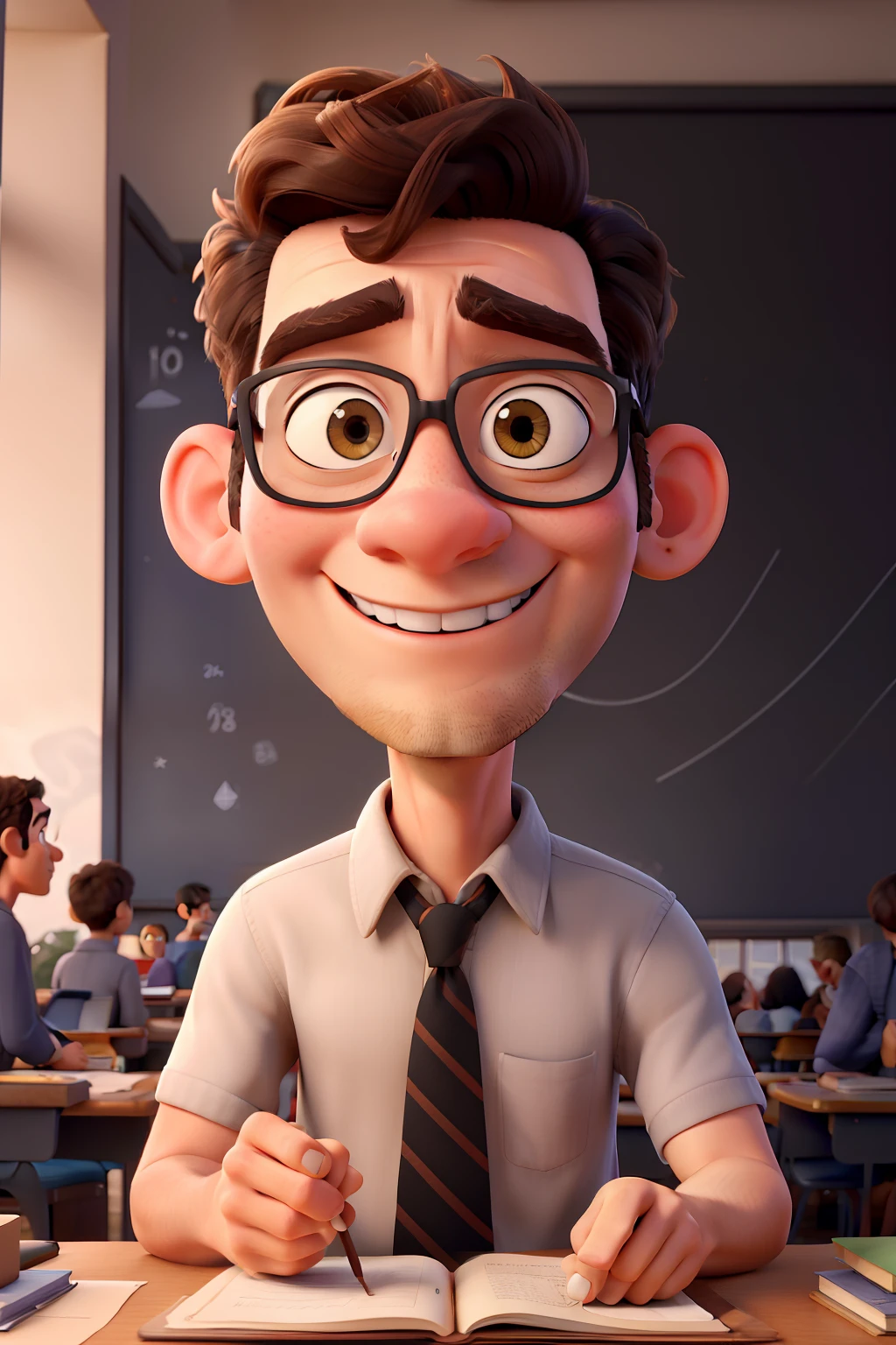 Pixar style 3d character of a 35-year-old history teacher with stubble, short hair, baldness entrances, black eyes inside the classroom with drawing of the pyramids of Egypt on the blackboard